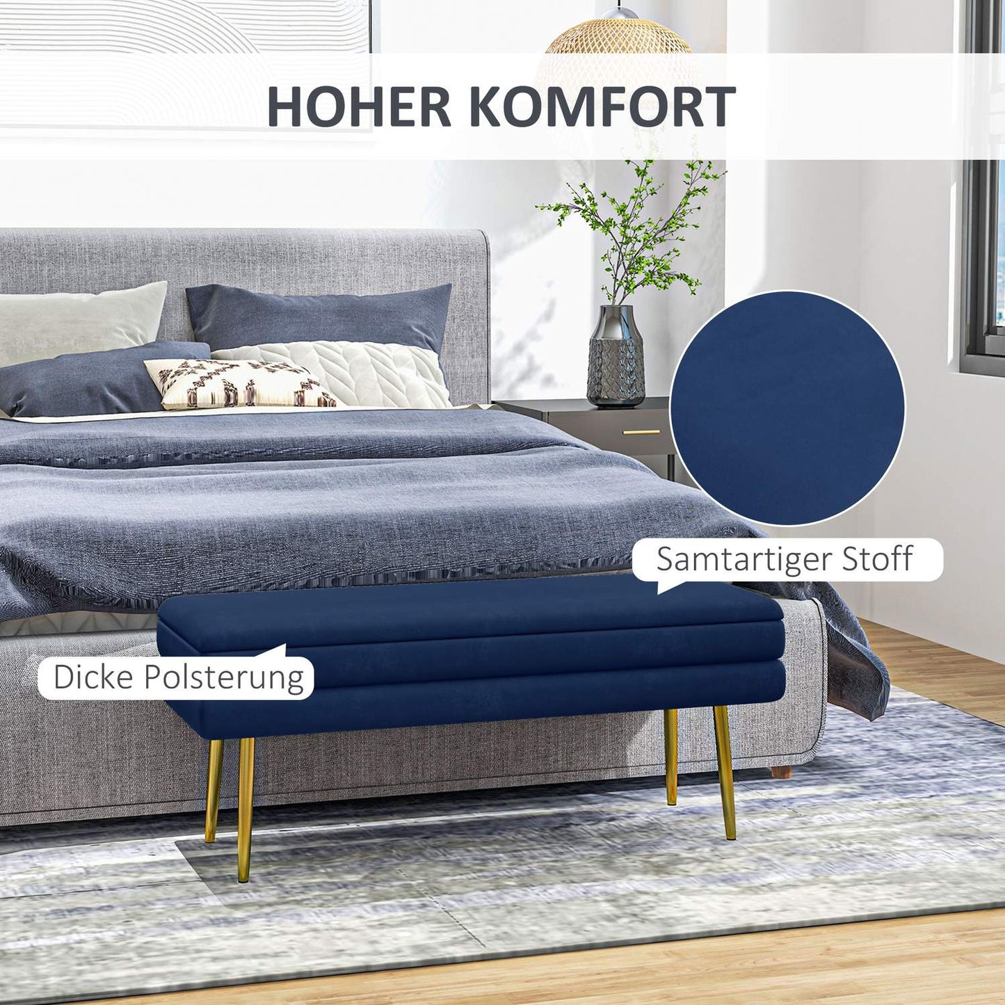 Storage Bench with Hidden Compartment, Blue, 100 x 37.5 x 42 cm