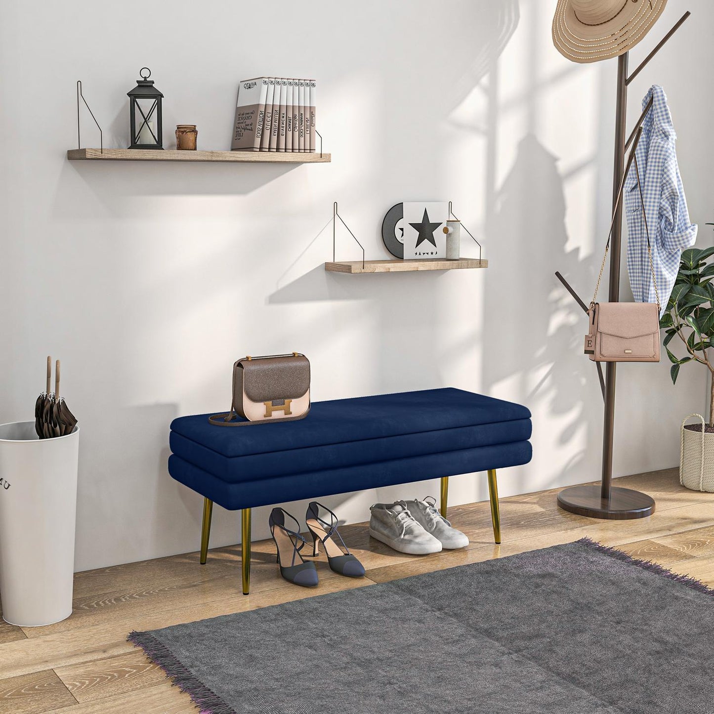 Storage Bench with Hidden Compartment, Blue, 100 x 37.5 x 42 cm