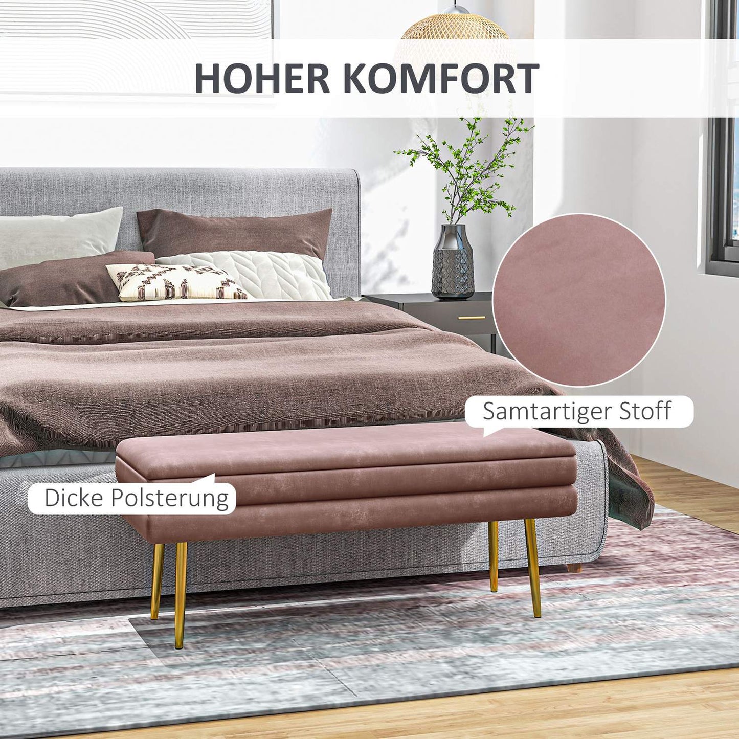 Upholstered bench with storage space, steel, 100 x 37.5 x 42 cm, pink