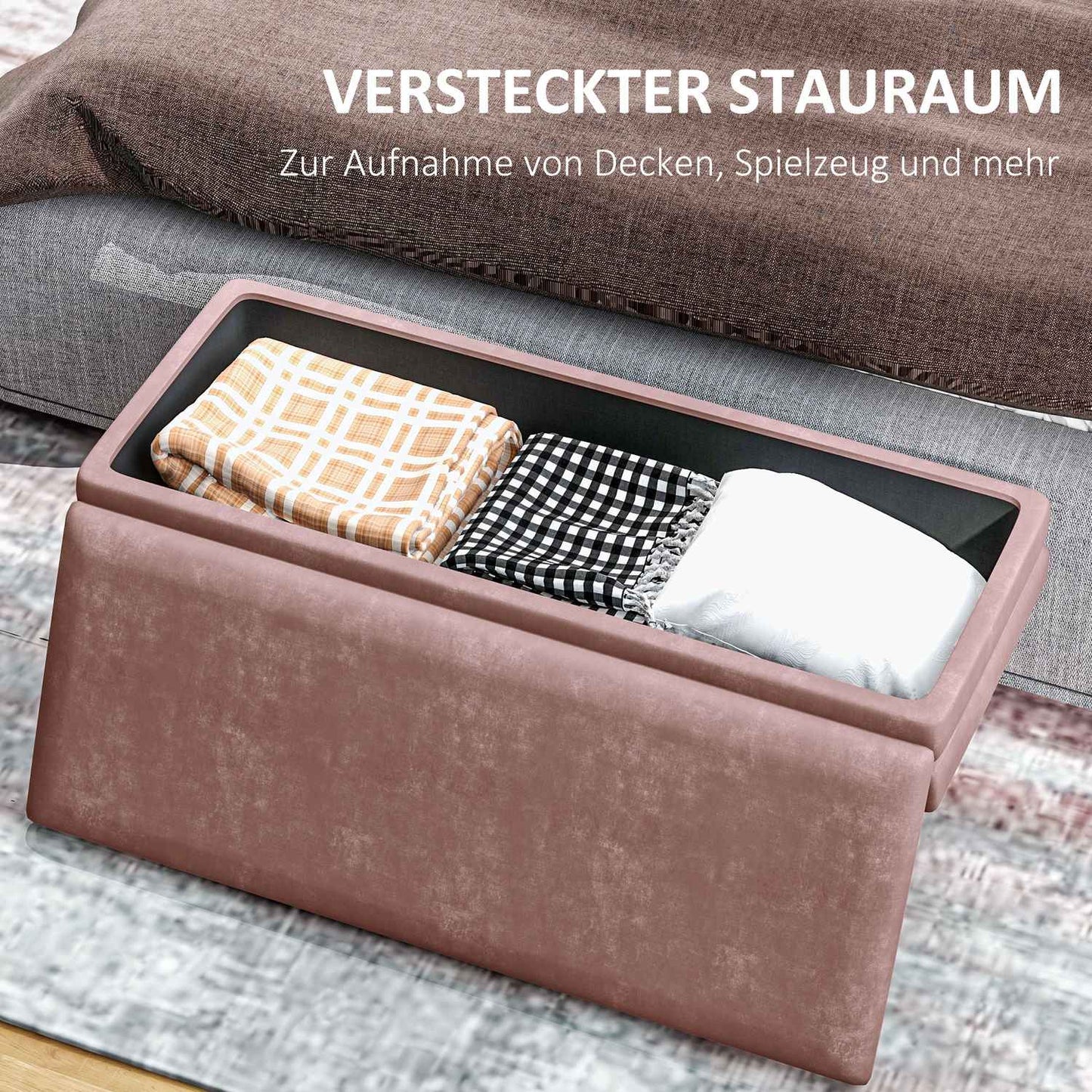 Upholstered bench with storage space, steel, 100 x 37.5 x 42 cm, pink