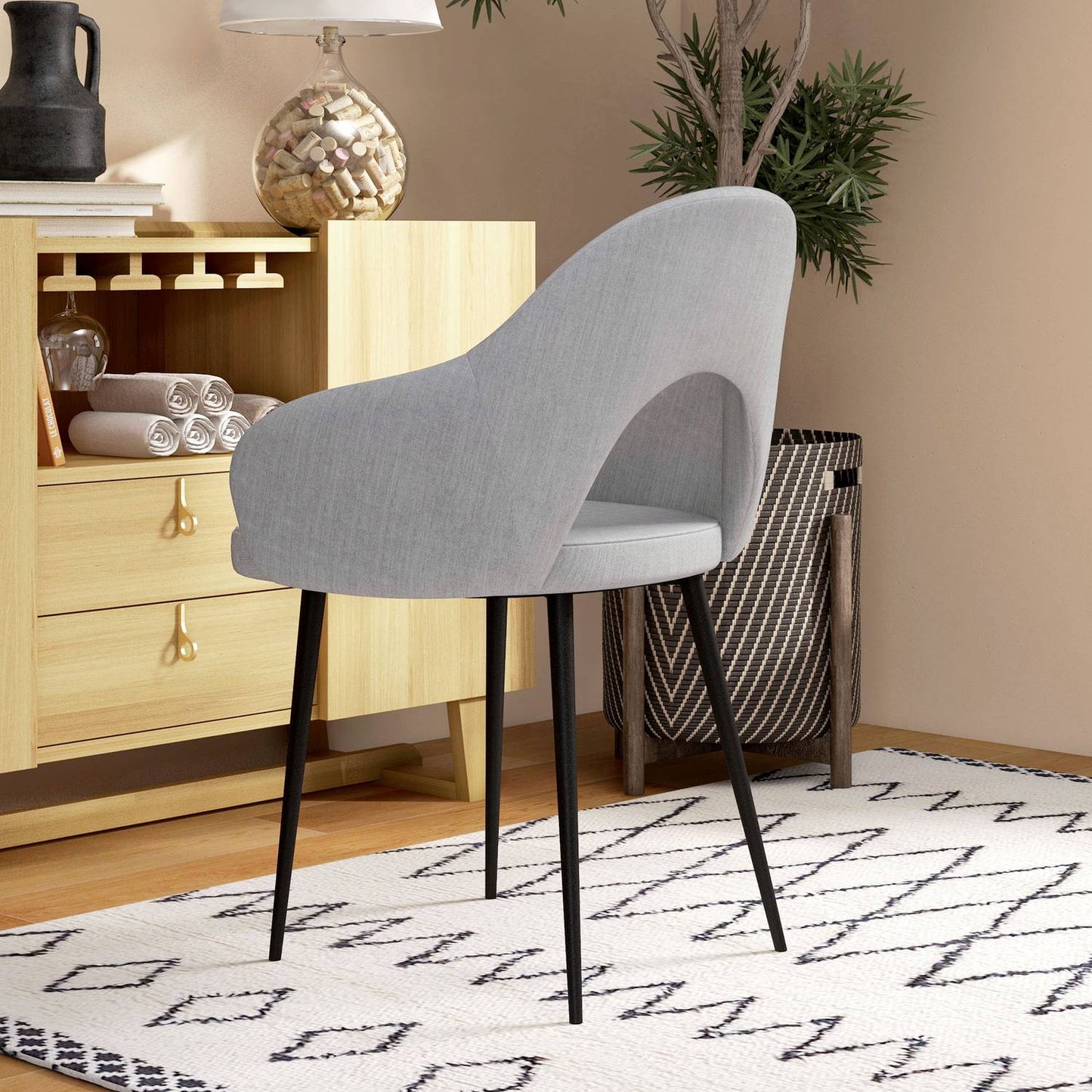 Relaxation chair in gray linen look with armrests, steel frame