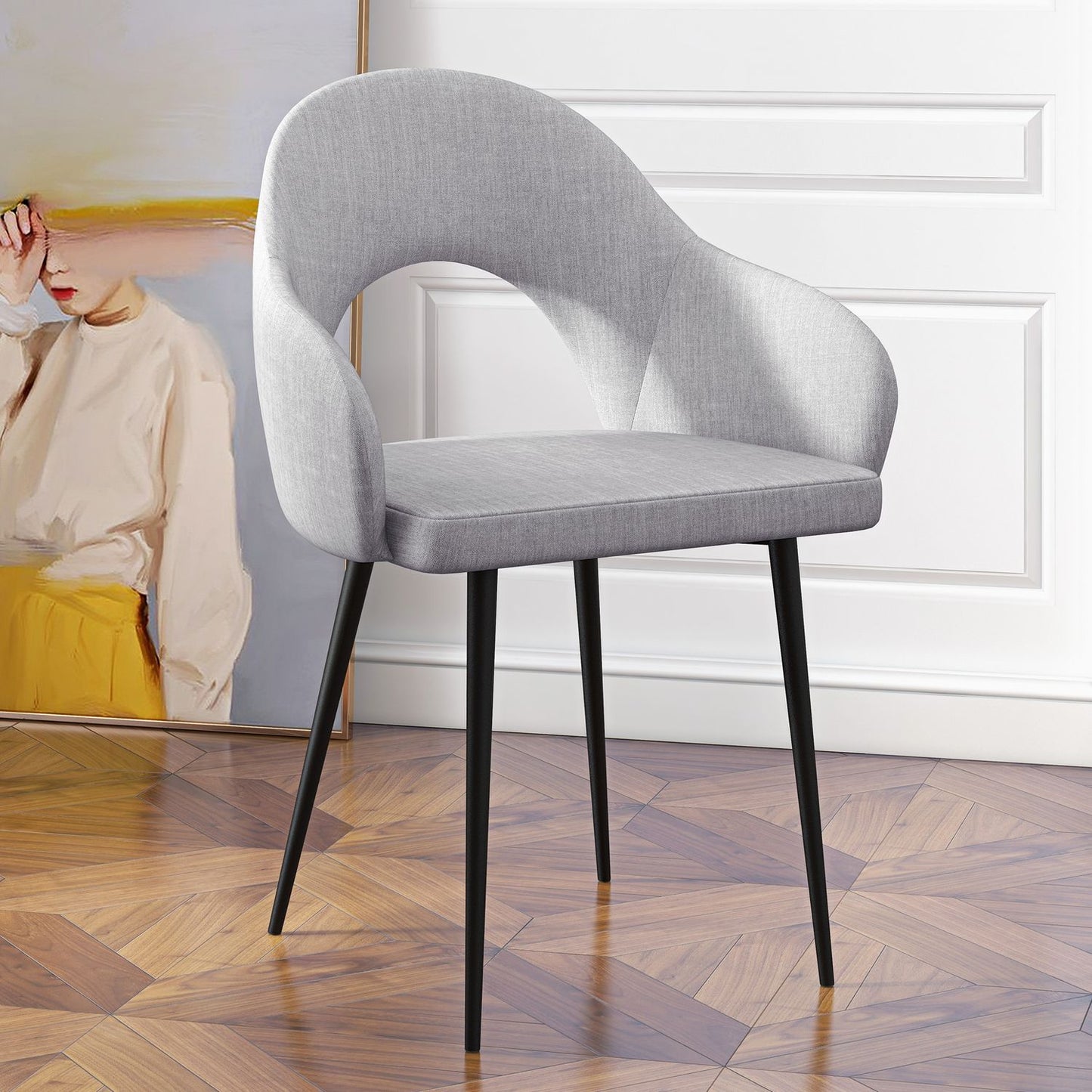 Relaxation chair in gray linen look with armrests, steel frame