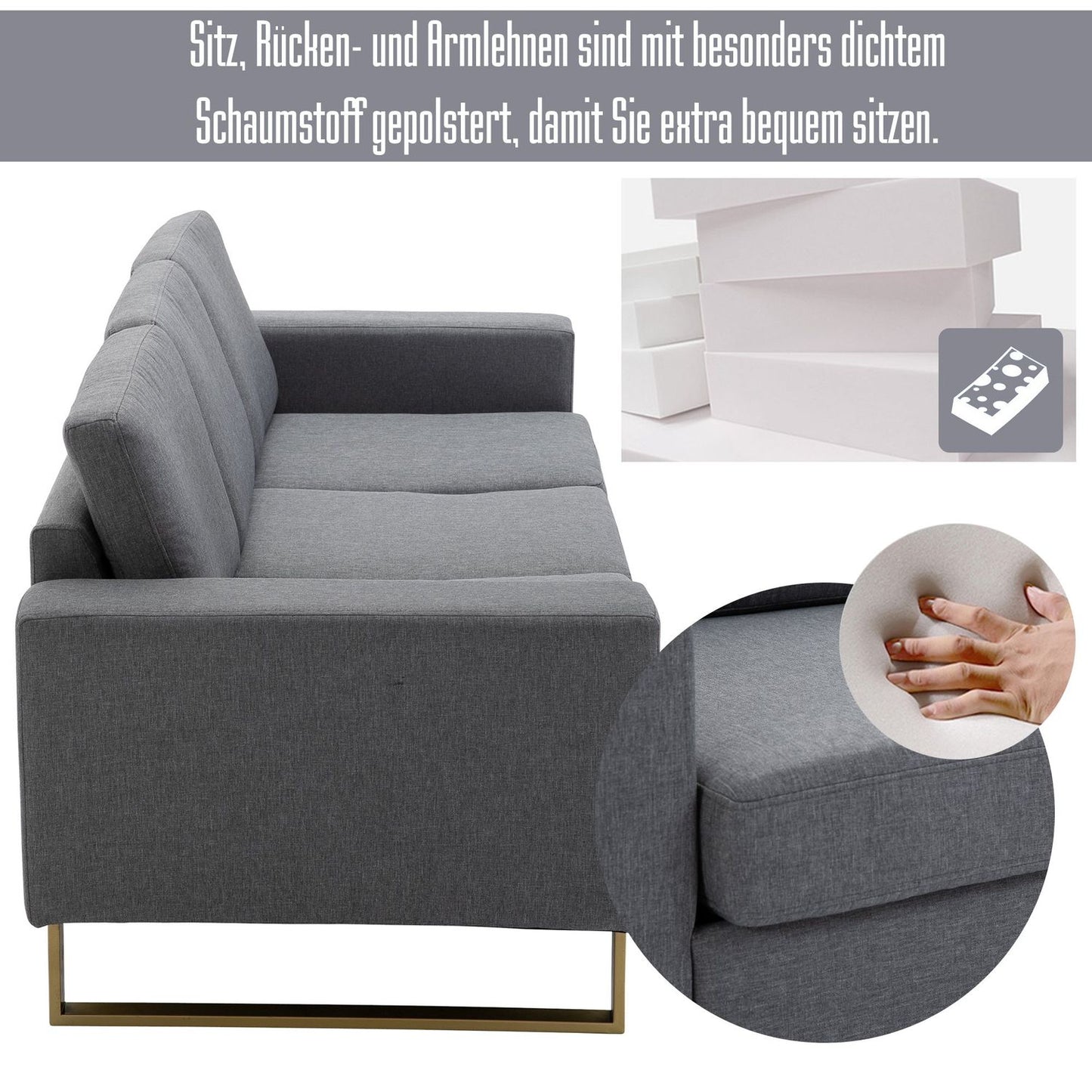 3-seater dark gray upholstered fabric sofa, linen finish