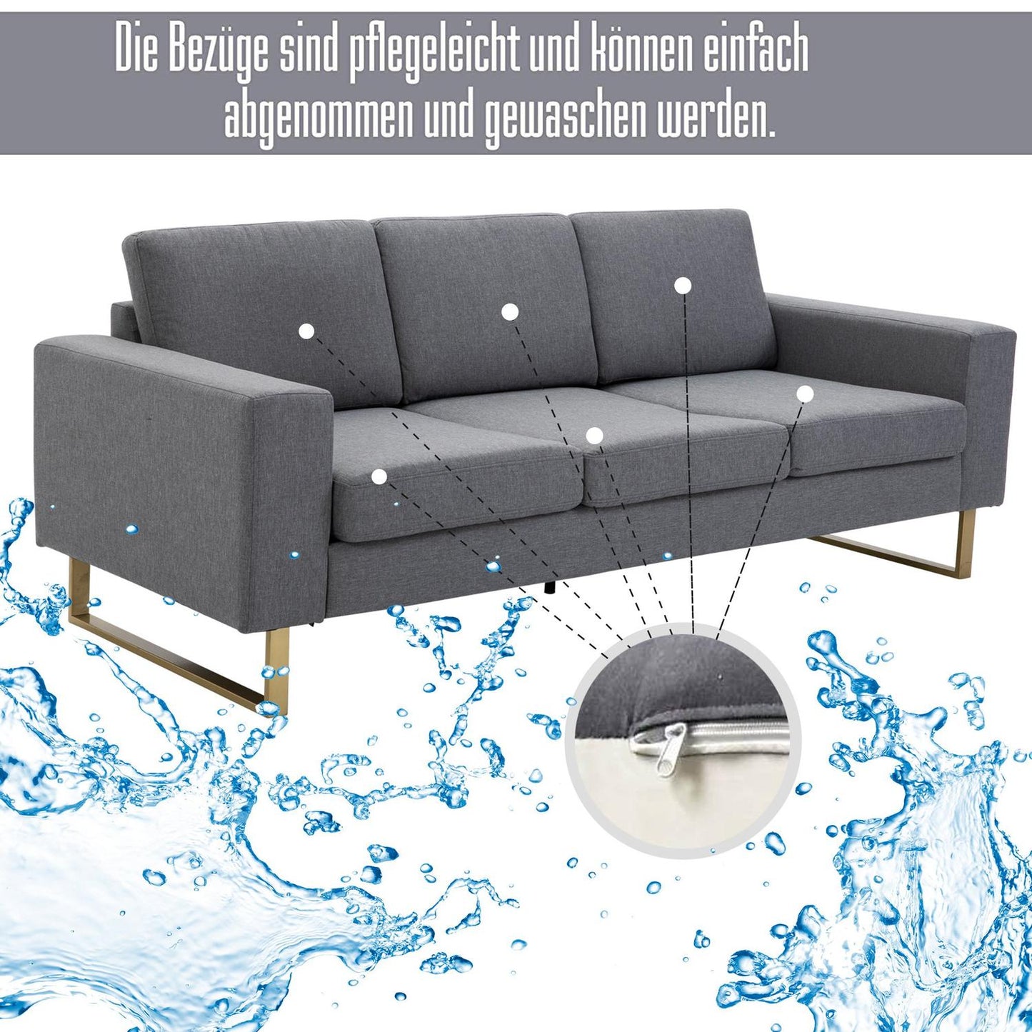 3-seater dark gray upholstered fabric sofa, linen finish