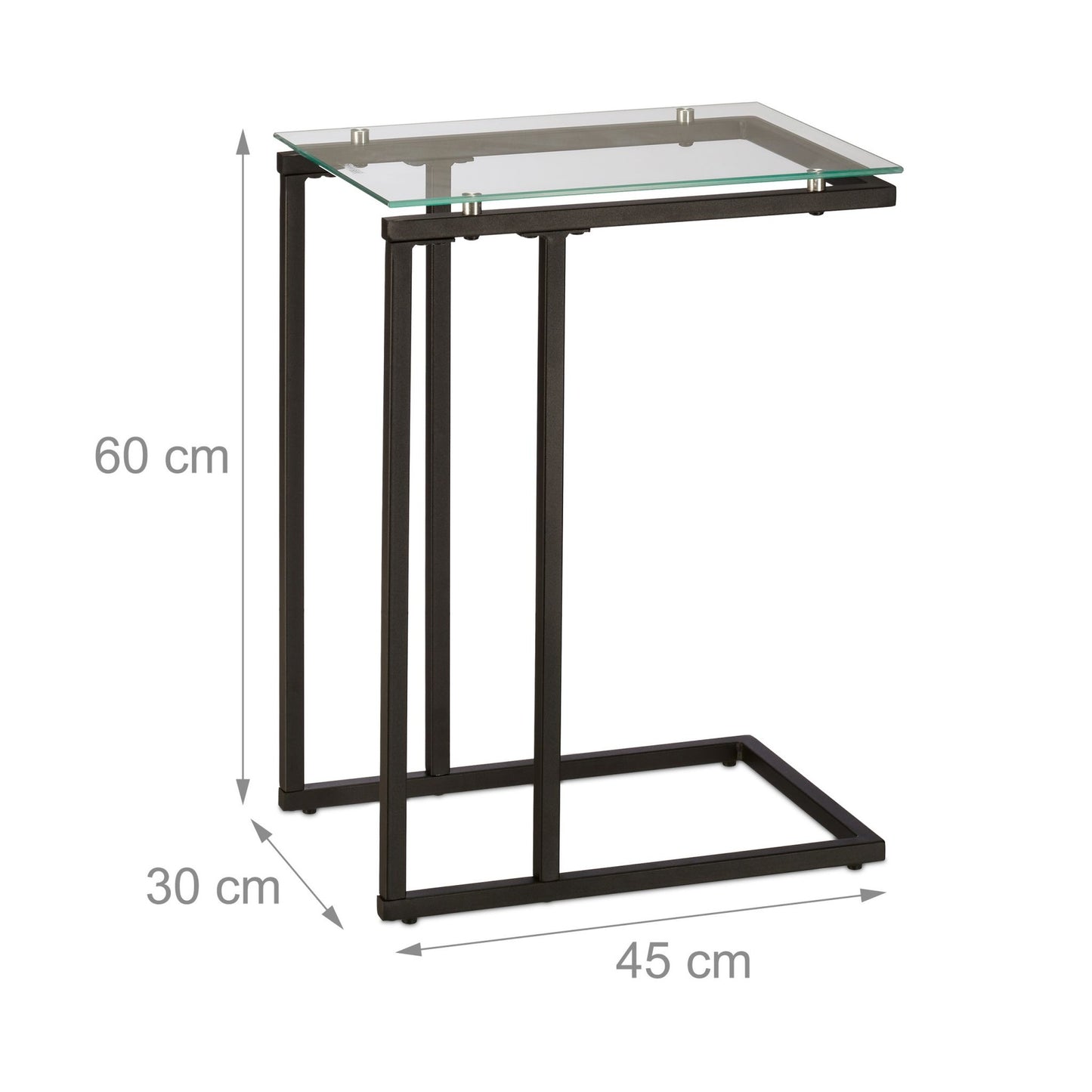 U-shaped side table in glass and metal
