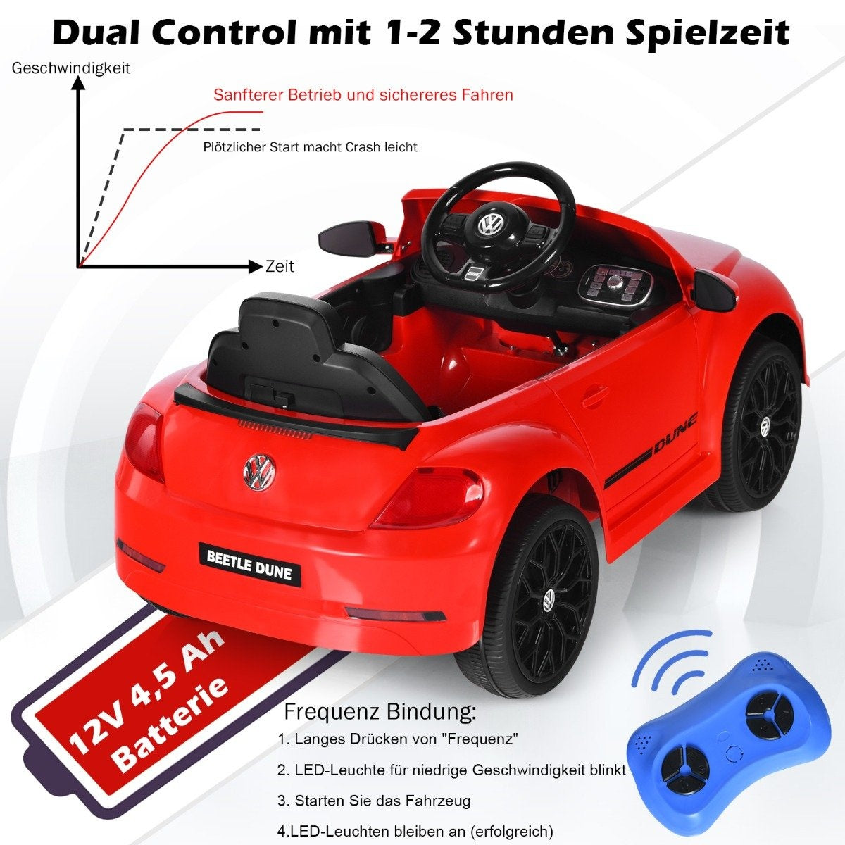 VW Beetle children's car with music & 2 lighting modes including 2.4G remote control red