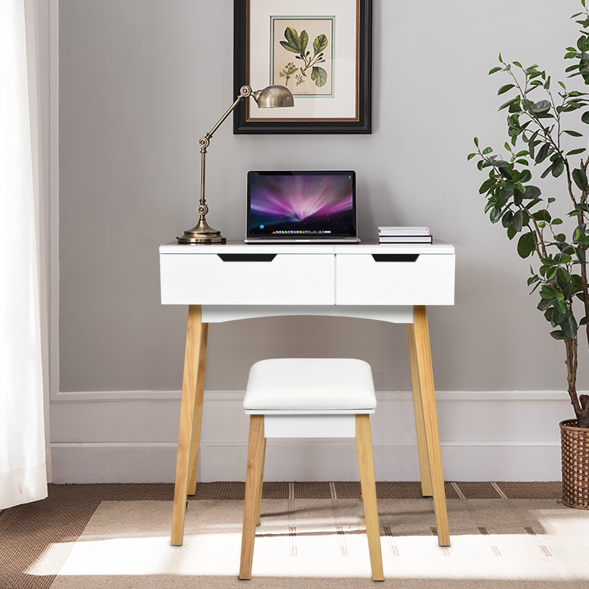 Vanity Desk with Folding Mirror & Stool, White MDF Wood