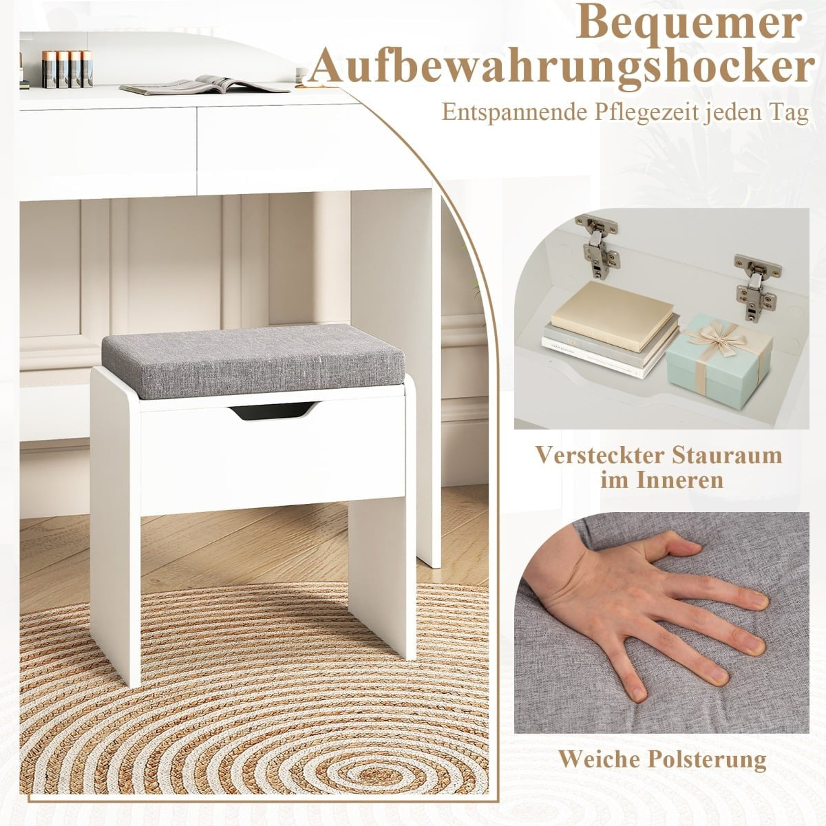 Vanity Set with Mirror, LED Lights & Storage Stool, White