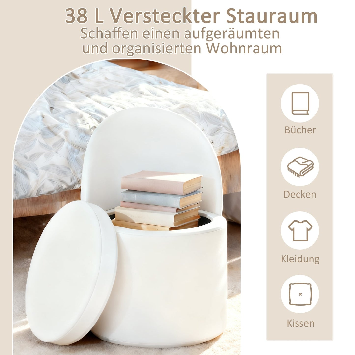 Vanity Stool with Backrest, 38L Storage Ottoman