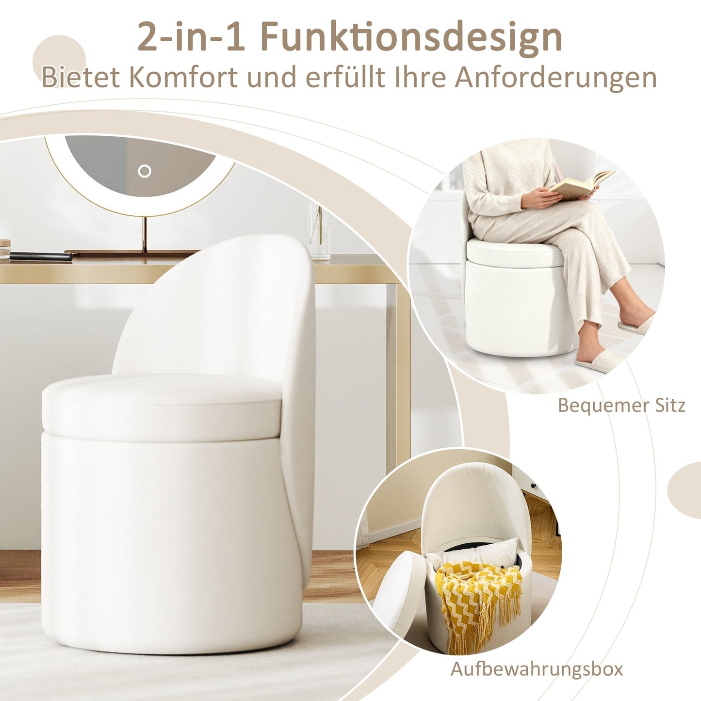 Vanity Stool with Backrest, 38L Storage Ottoman