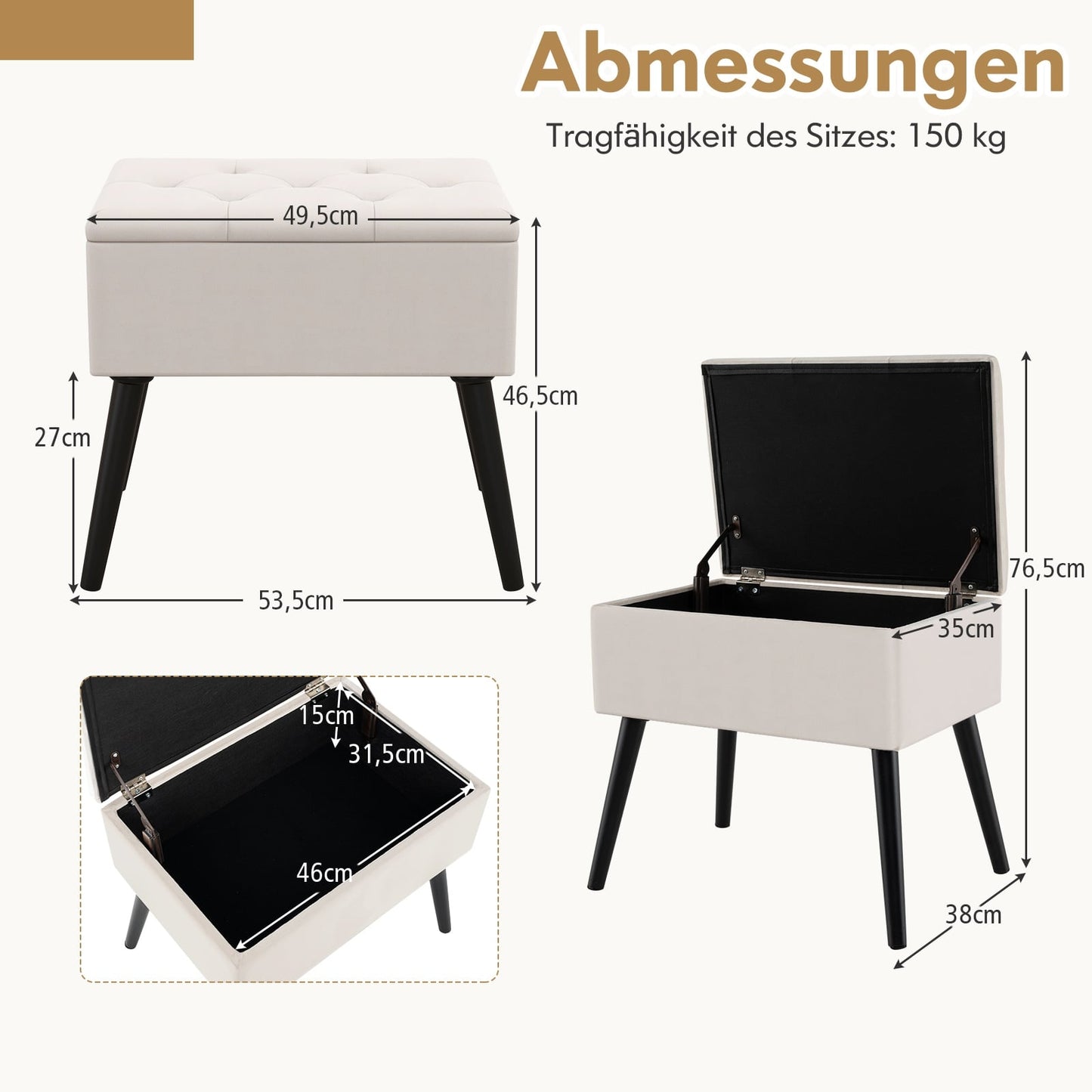 Vanity Stool with Storage, Beige Velvet, 150kg Capacity