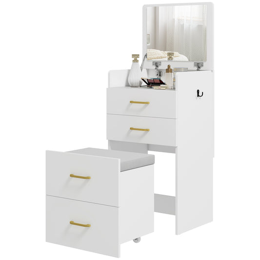 Vanity Table Set with Mirror, Nightstand, Stool, White