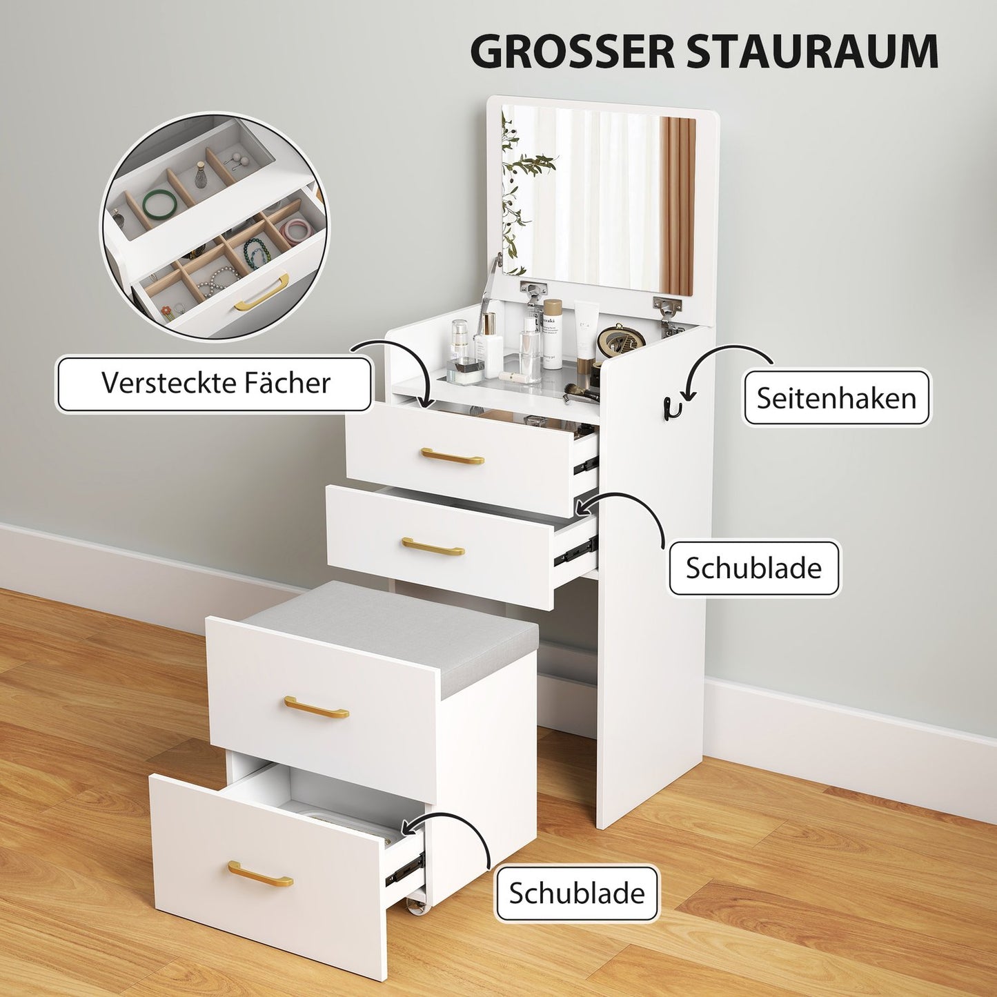 Vanity Table Set with Mirror, Nightstand, Stool, White