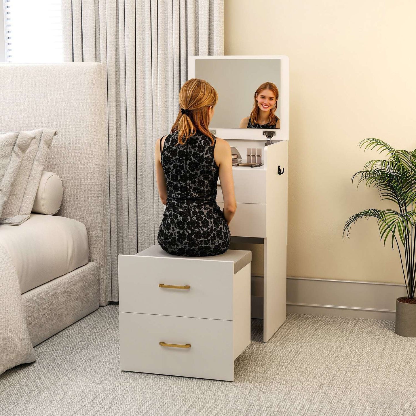 Vanity Table Set with Mirror, Nightstand, Stool, White