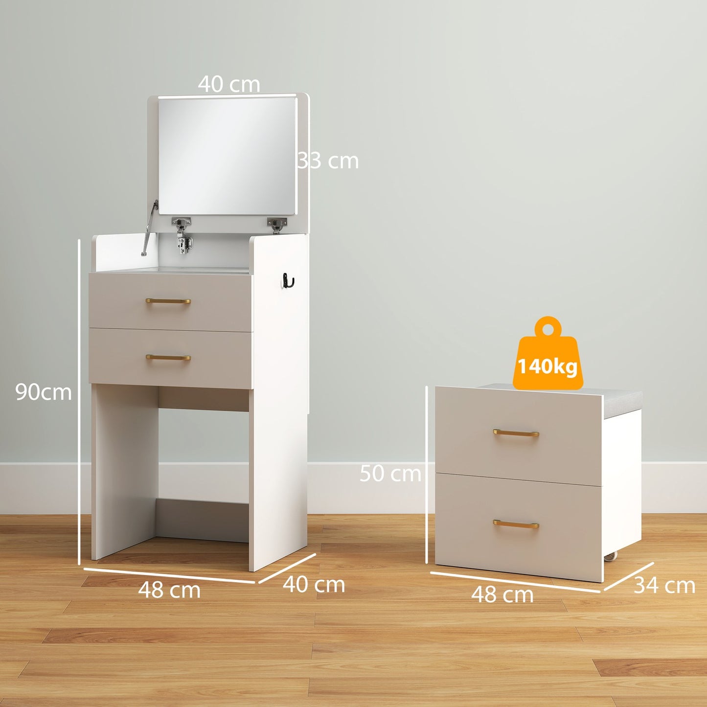 Vanity Table Set with Mirror, Nightstand, Stool, White