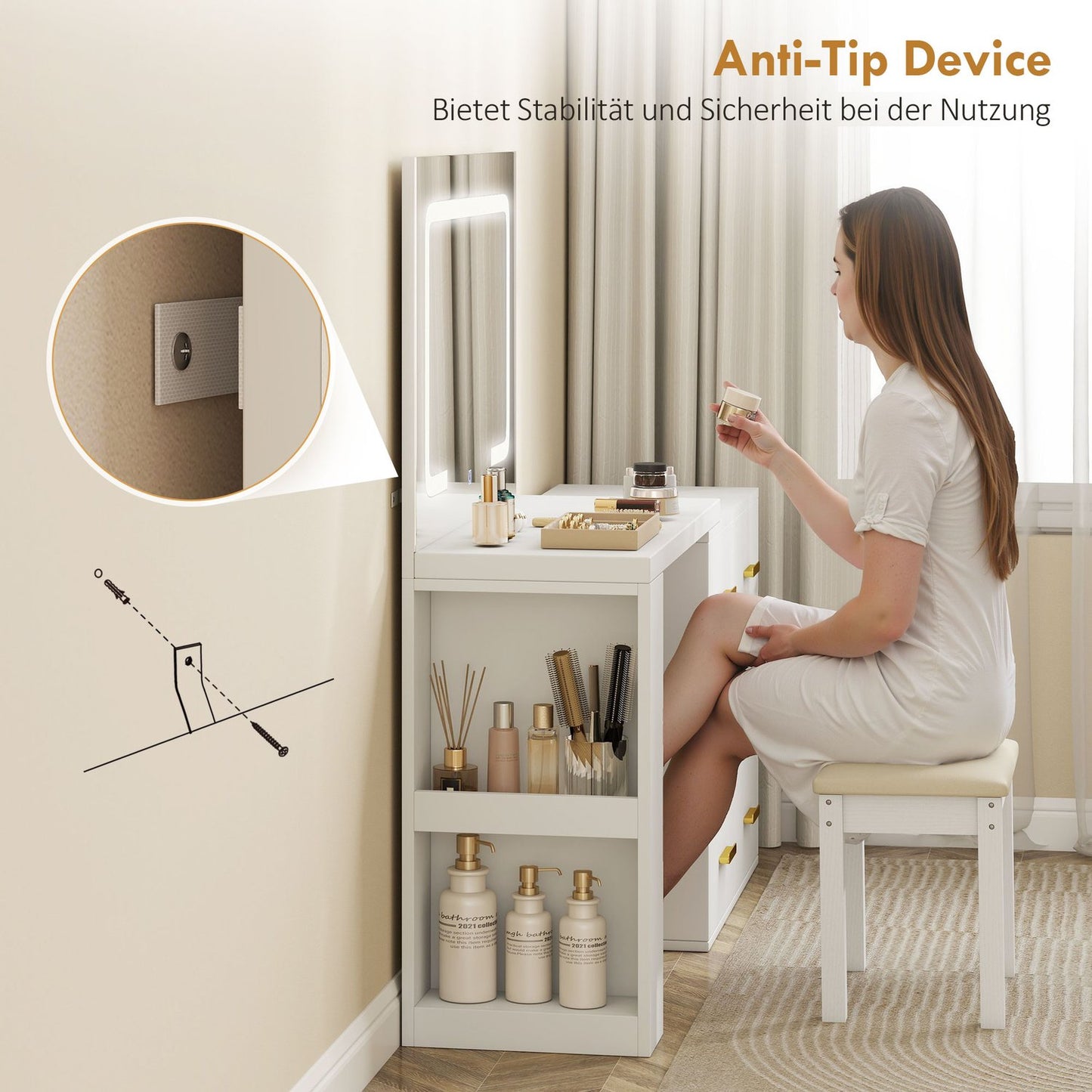 Vanity Table with Adjustable LED Mirror and Storage