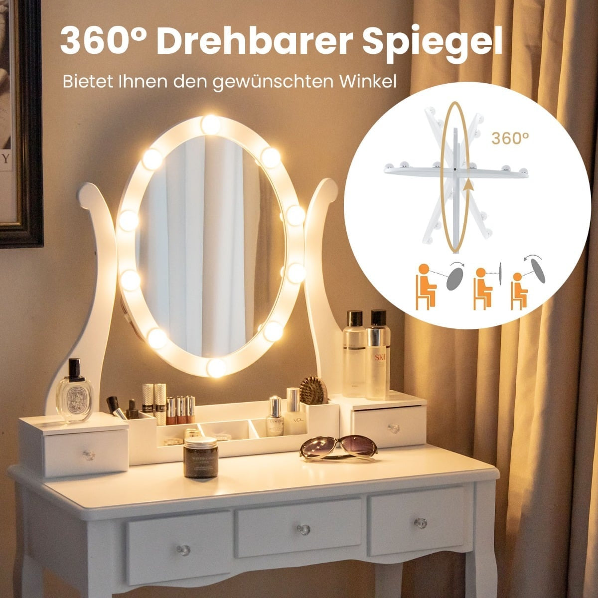 Vanity Table with LED Lights, Adjustable Brightness