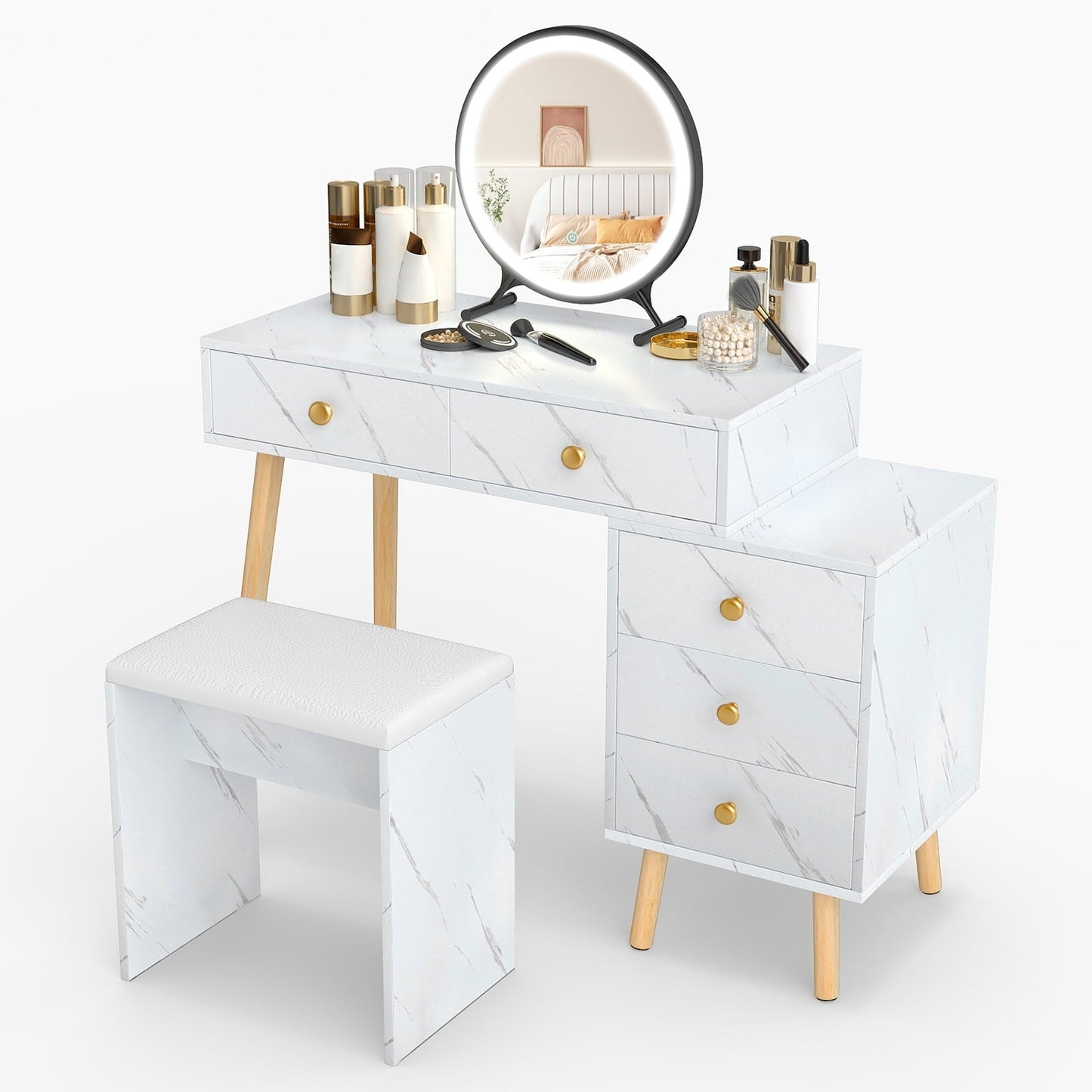 Vanity Table with LED Mirror, 5 Drawers, White