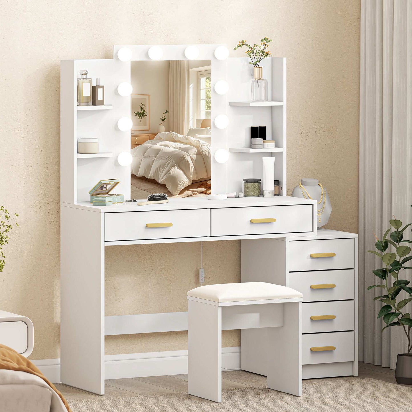 Vanity Table with LED Mirror & Padded Stool, White