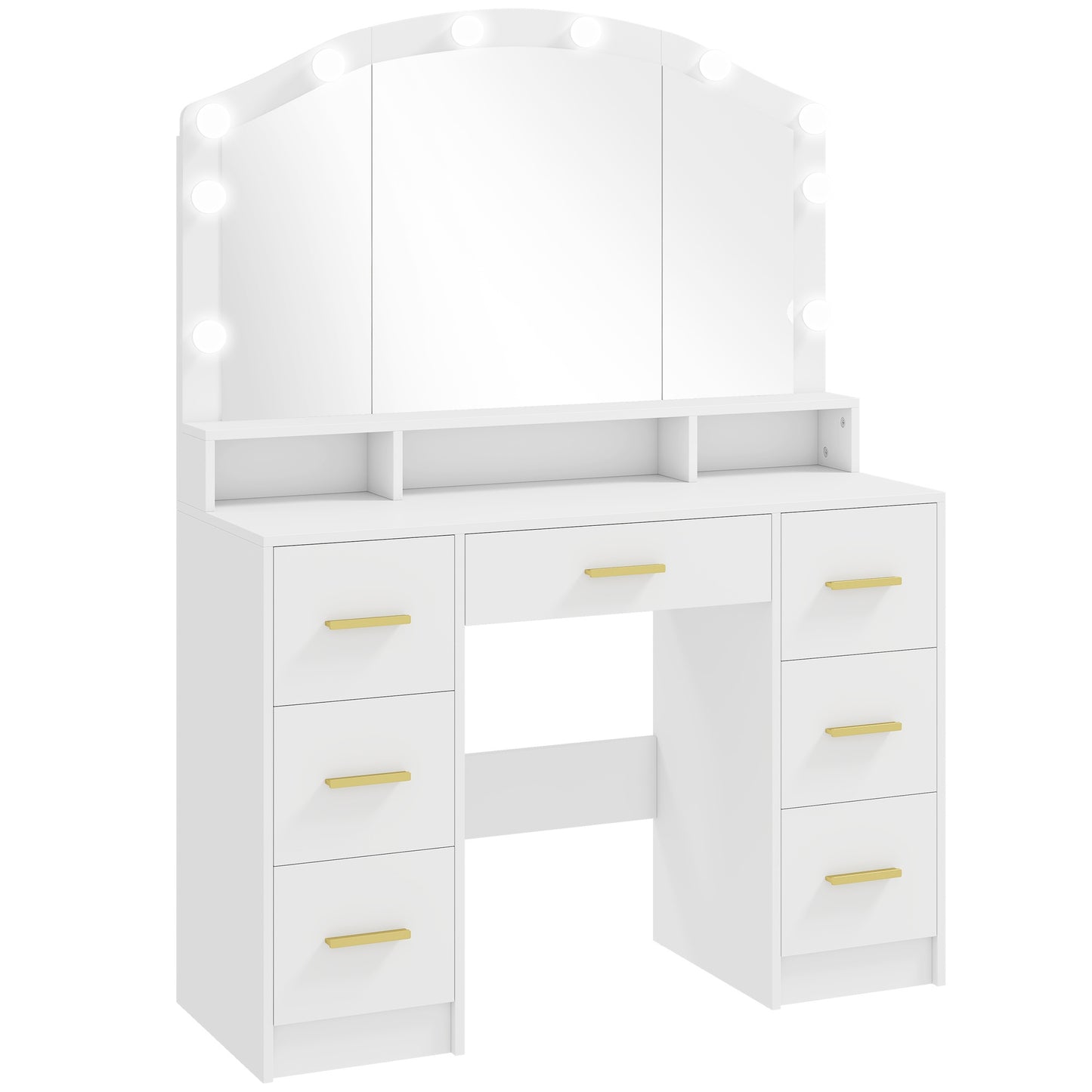Vanity Table with Mirror, 10 LED Lights, 7 Drawers, White MDF