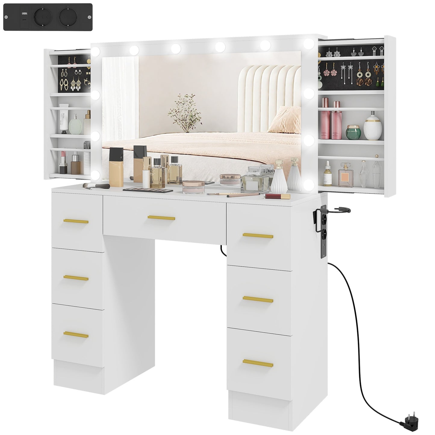 Vanity Table with Mirror, 12 LED Lights, 7 Drawers, White