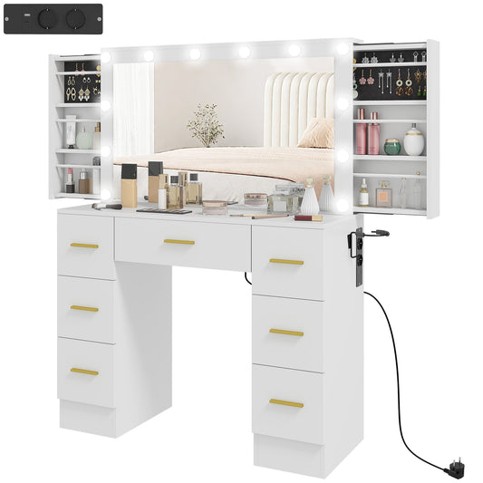 Vanity Table with Mirror, 12 LED Lights, 7 Drawers, White