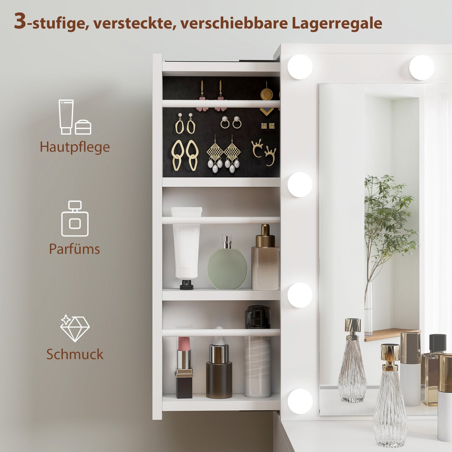 Vanity Table with Mirror, 12 LED Lights, 7 Drawers, White