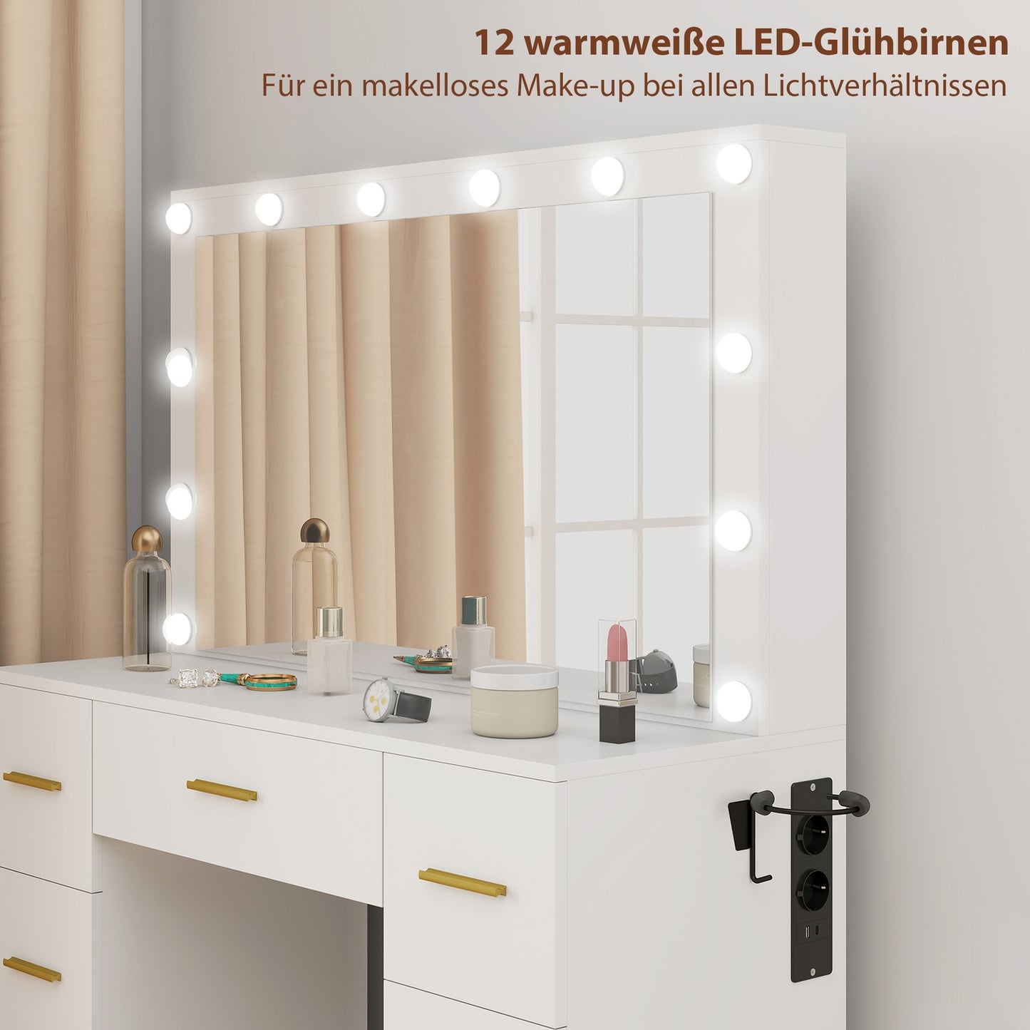 Vanity Table with Mirror, 12 LED Lights, 7 Drawers, White