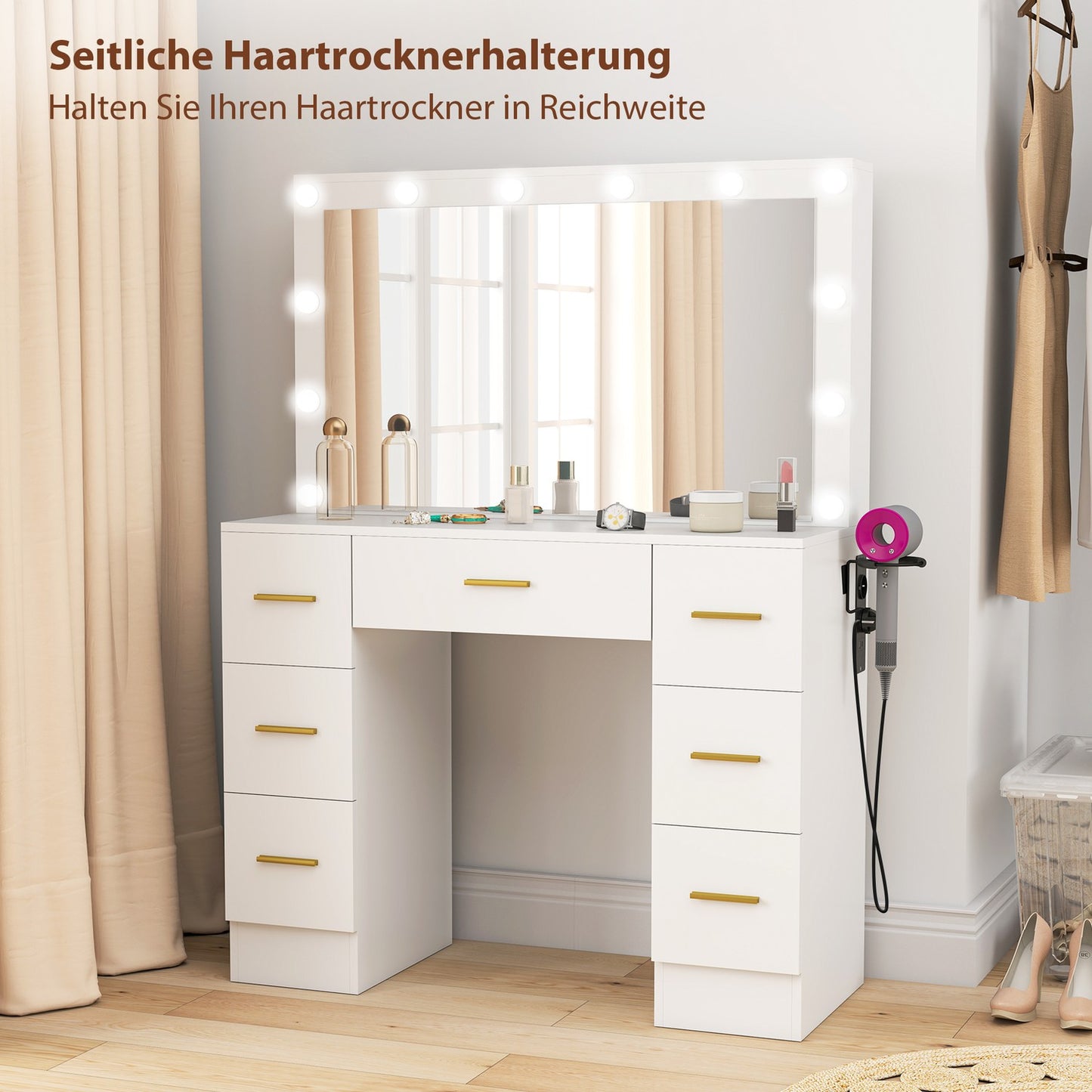 Vanity Table with Mirror, 12 LED Lights, 7 Drawers, White