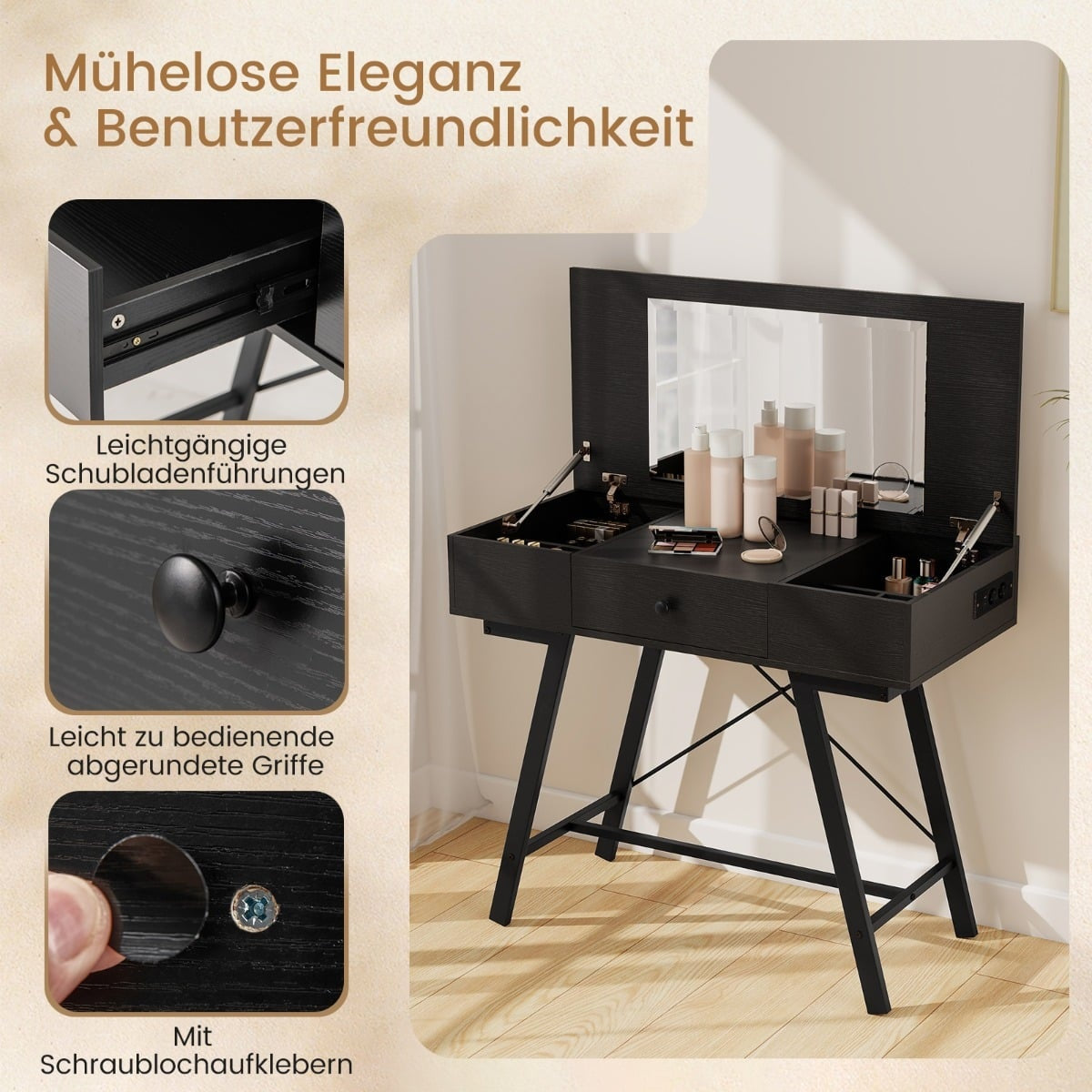 Vanity Table with Mirror, Charging Station & Drawer
