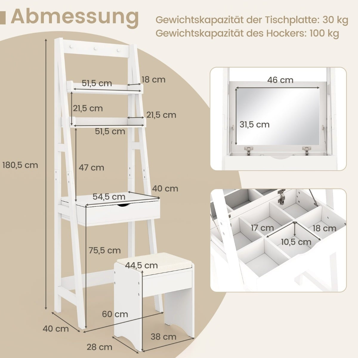 Vanity Table with Mirror and Stool, White, 60x40x180 cm