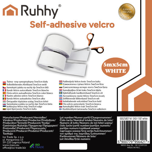 Velcro Self-Adhesive Tape, 5m x 5cm, White