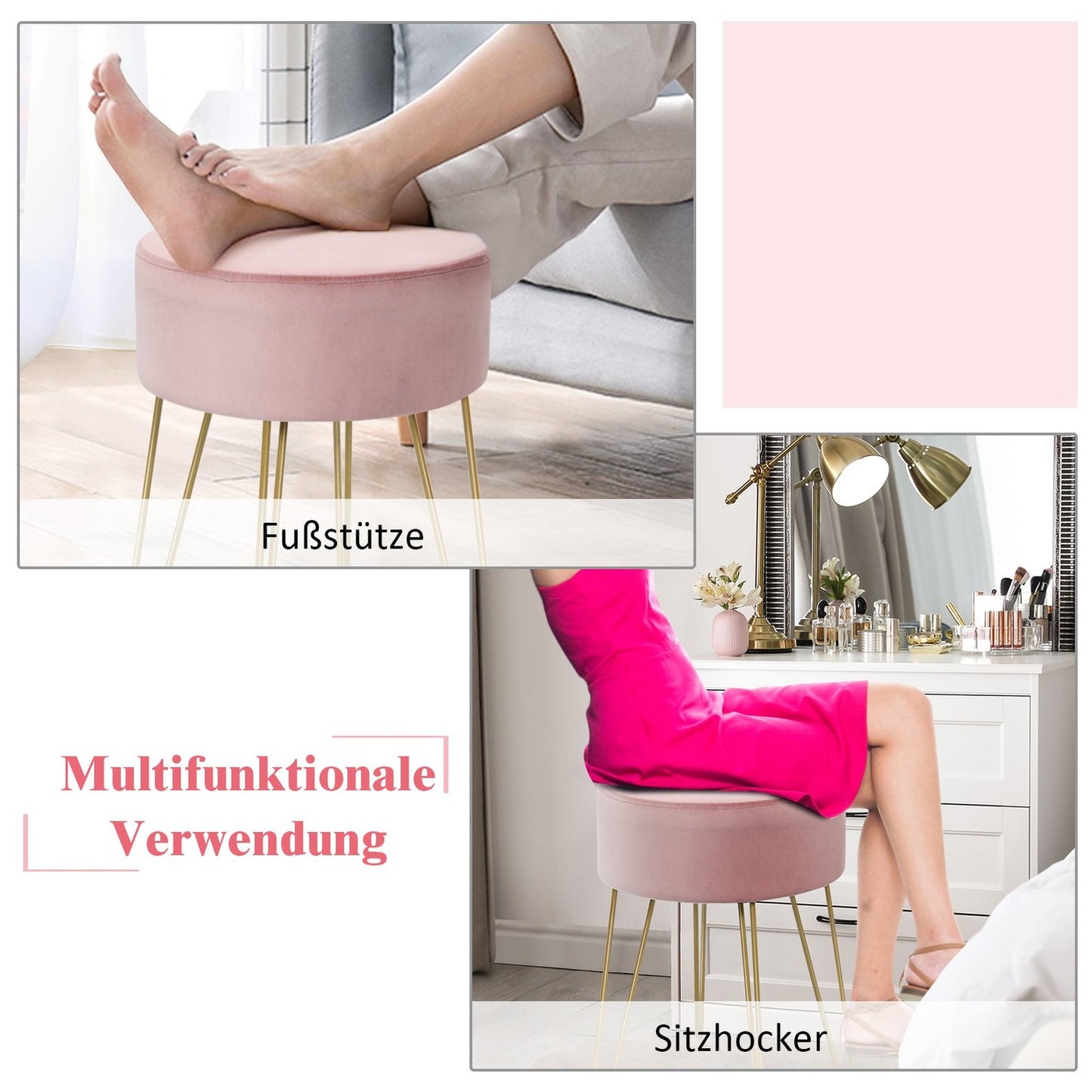 Velvet Ottoman with Metal Legs – Pink, Round Footstool