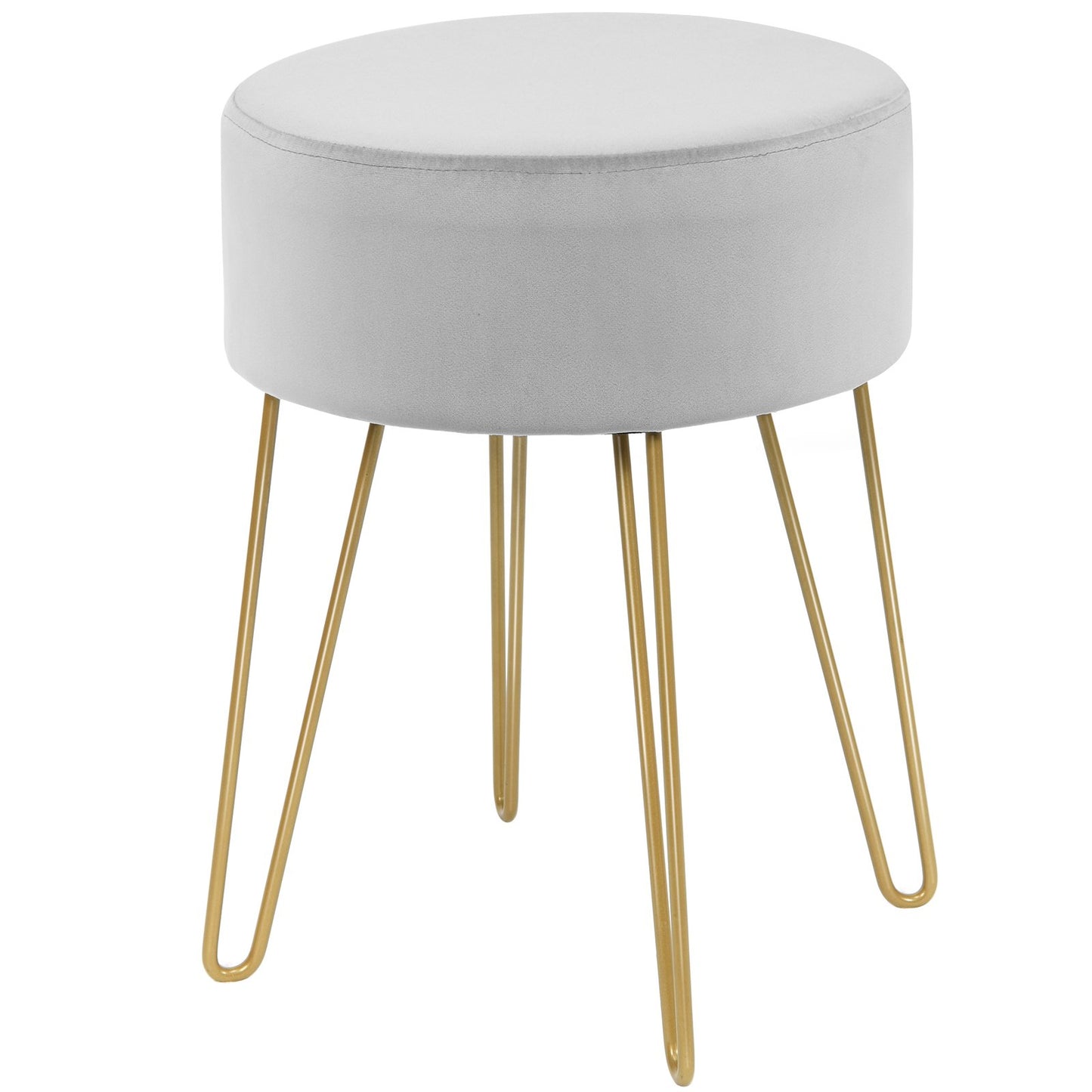 Velvet Ottoman with Metal Legs – Round Gray Footstool