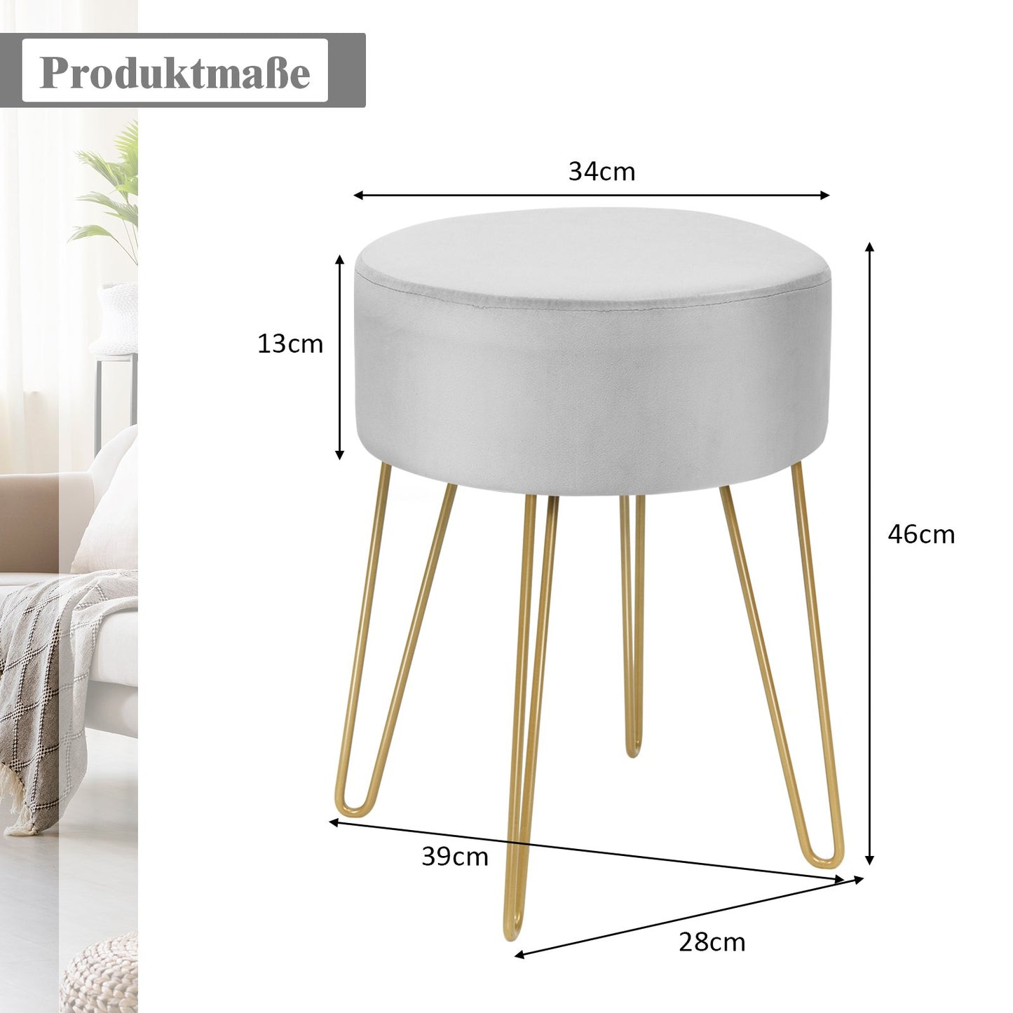 Velvet Ottoman with Metal Legs – Round Gray Footstool