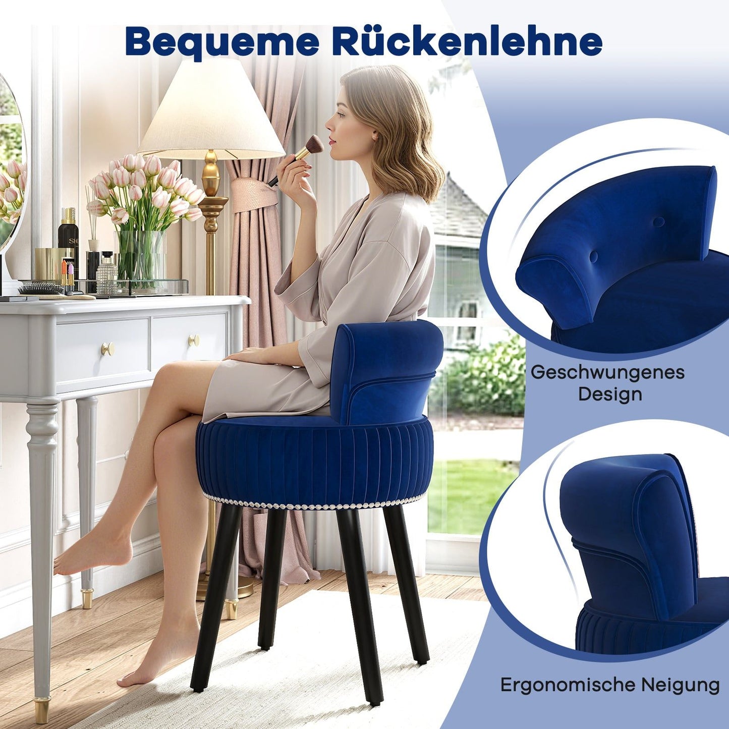Velvet Vanity Chair with Tufted Back and Wood Legs, Blue