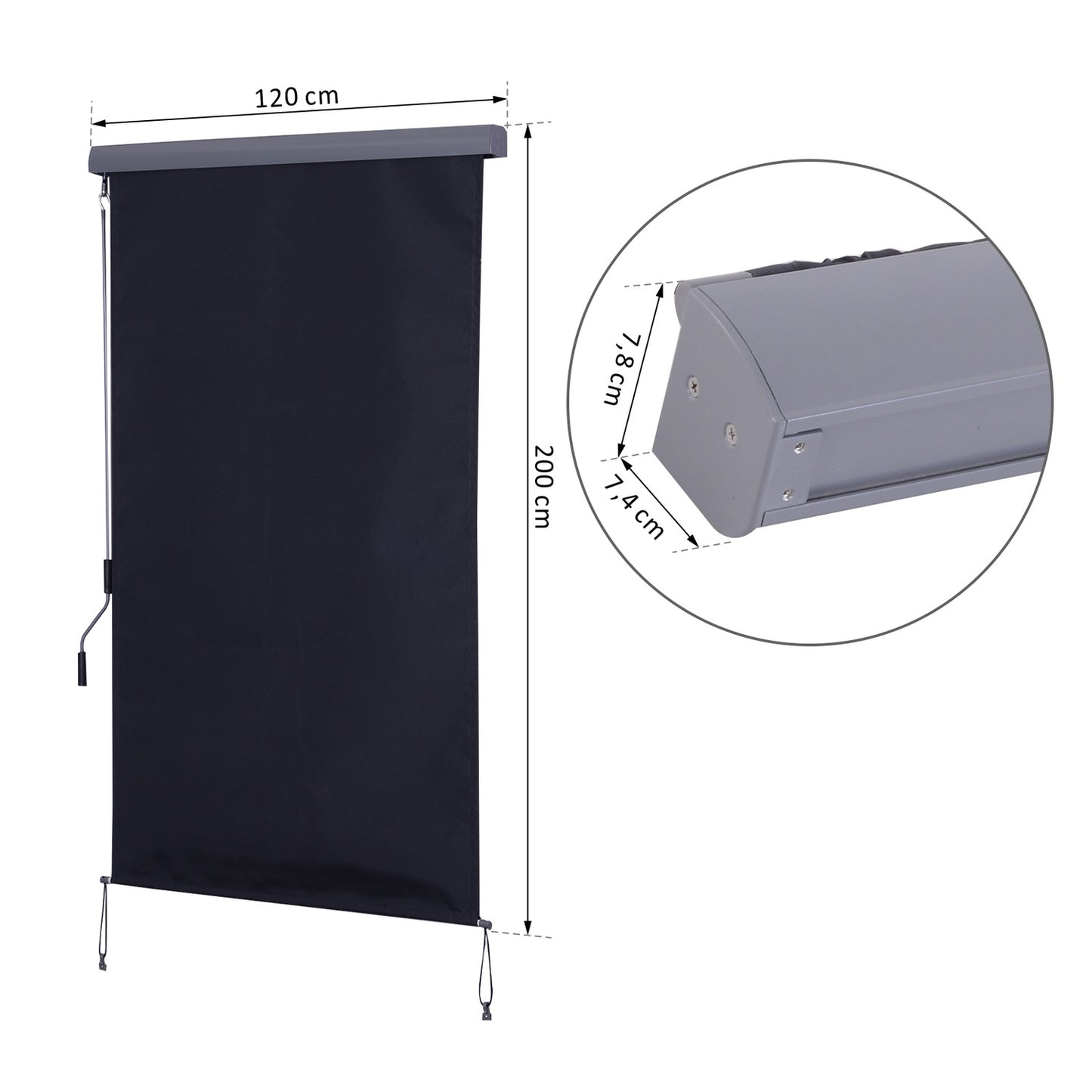 Balcony awning – Polyester aluminium, 120x200cm, wind protection