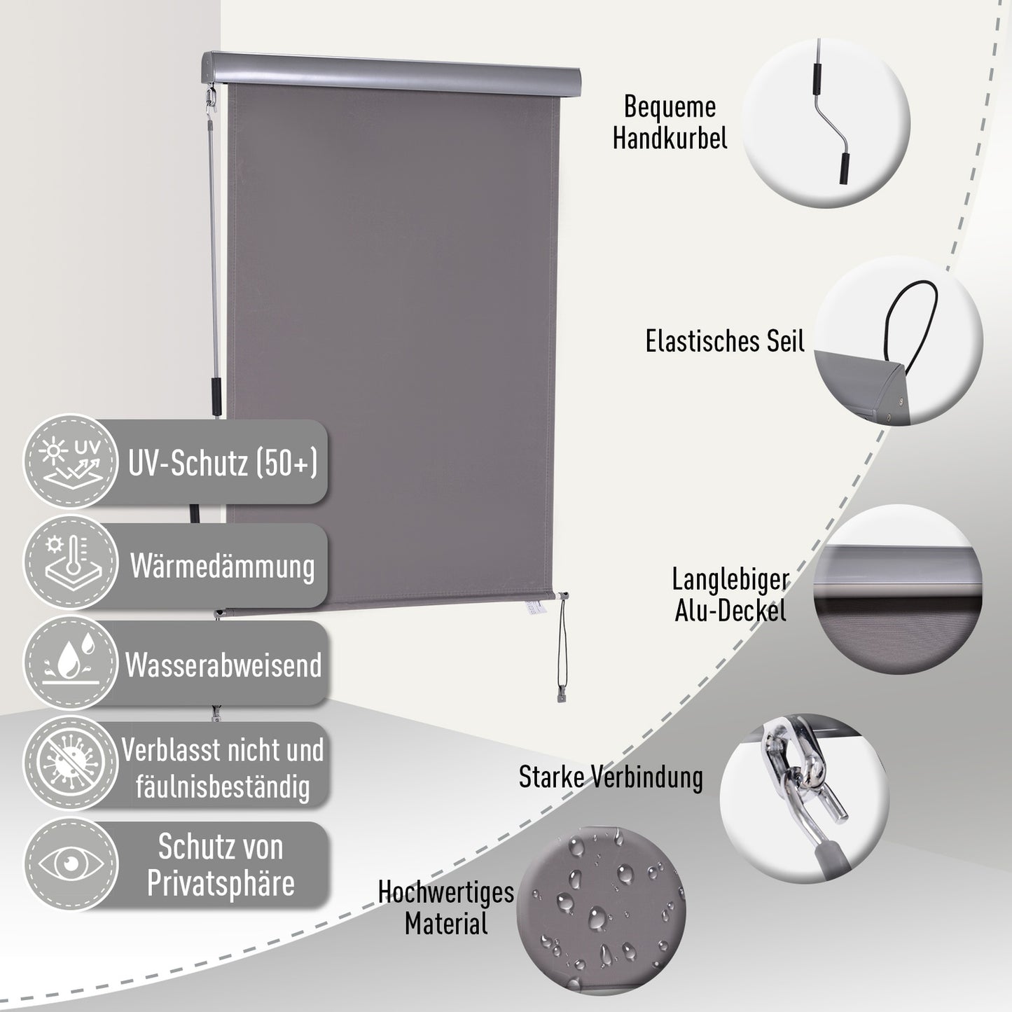 Balcony awning with hand crank, grey, 100x140cm, wind and privacy protection