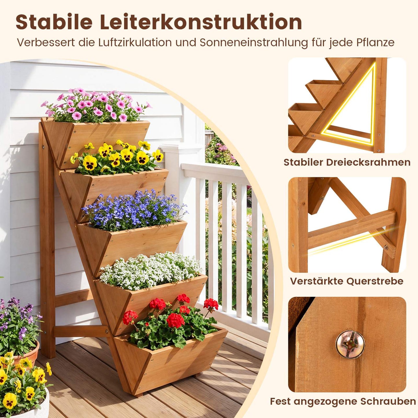 Vertical Garden Planter with 5 Tiers, Fir Wood, Orange
