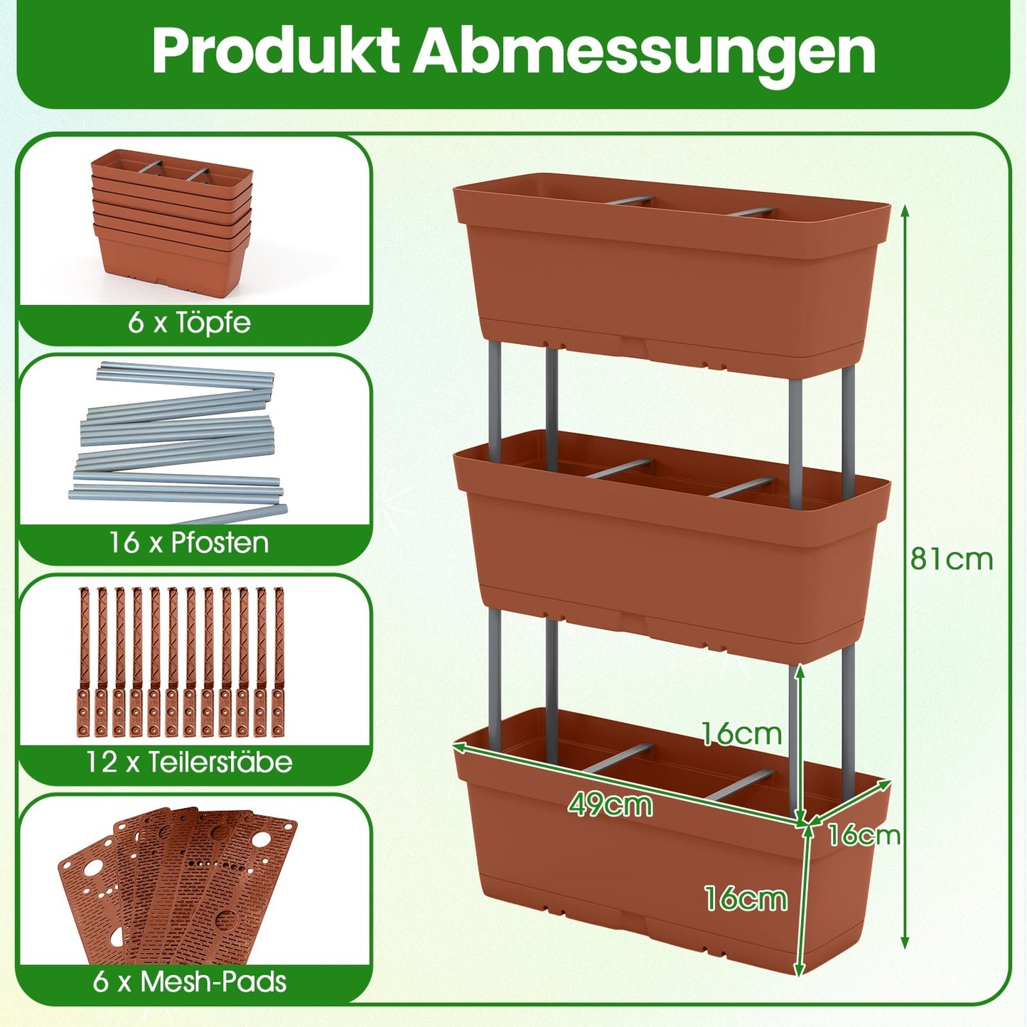 Vertical Planter Box Set with Drainage, 6 Pieces, Brown