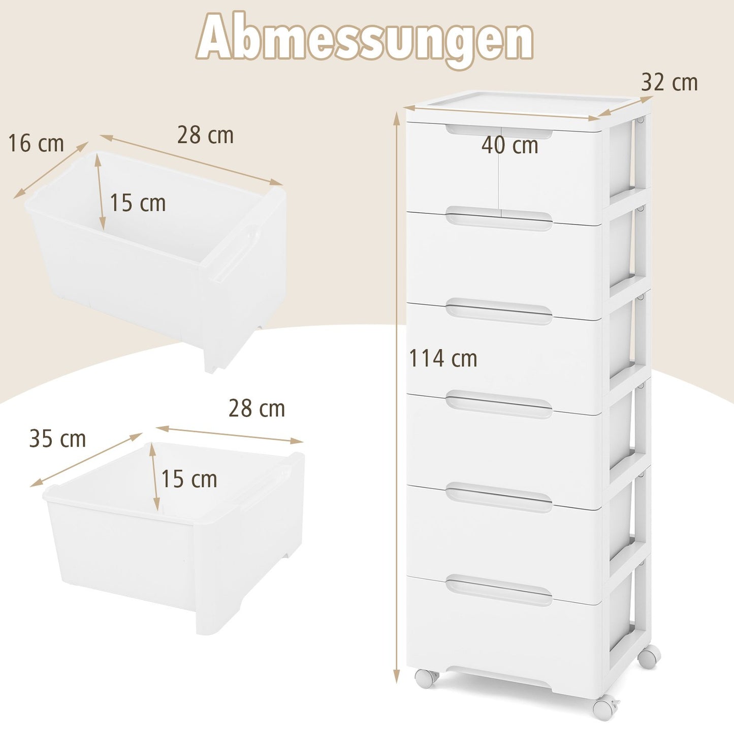 Vertical Storage Cabinet with 7 Drawers, White, Mobile