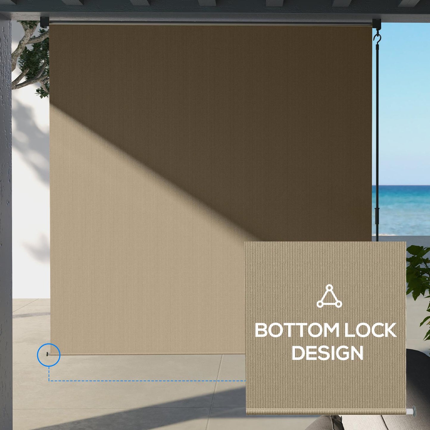 Beige Blackout Outdoor roller blind, 183 x 185 cm, Privacy screen
