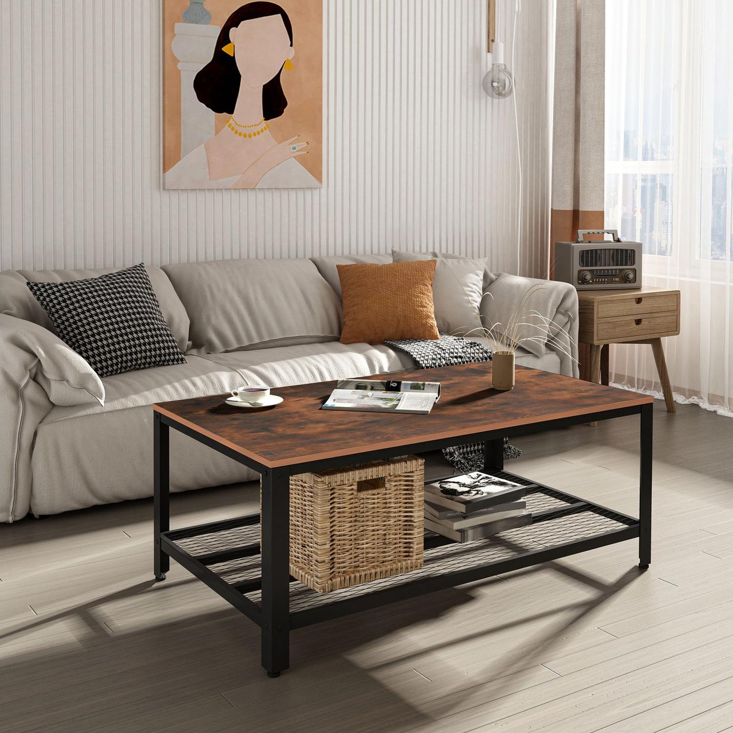 Coffee table black walnut metal frame with storage - 106x60x45cm