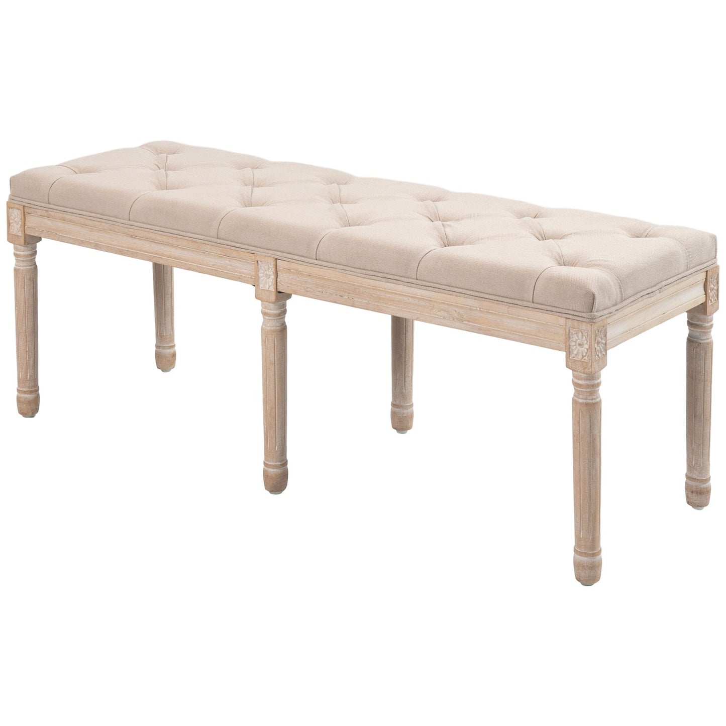 Beige upholstered vintage bench, linen look, 117x40x48Cm