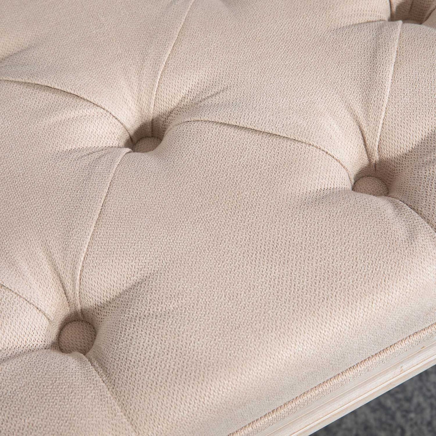 Beige upholstered vintage bench, linen look, 117x40x48Cm