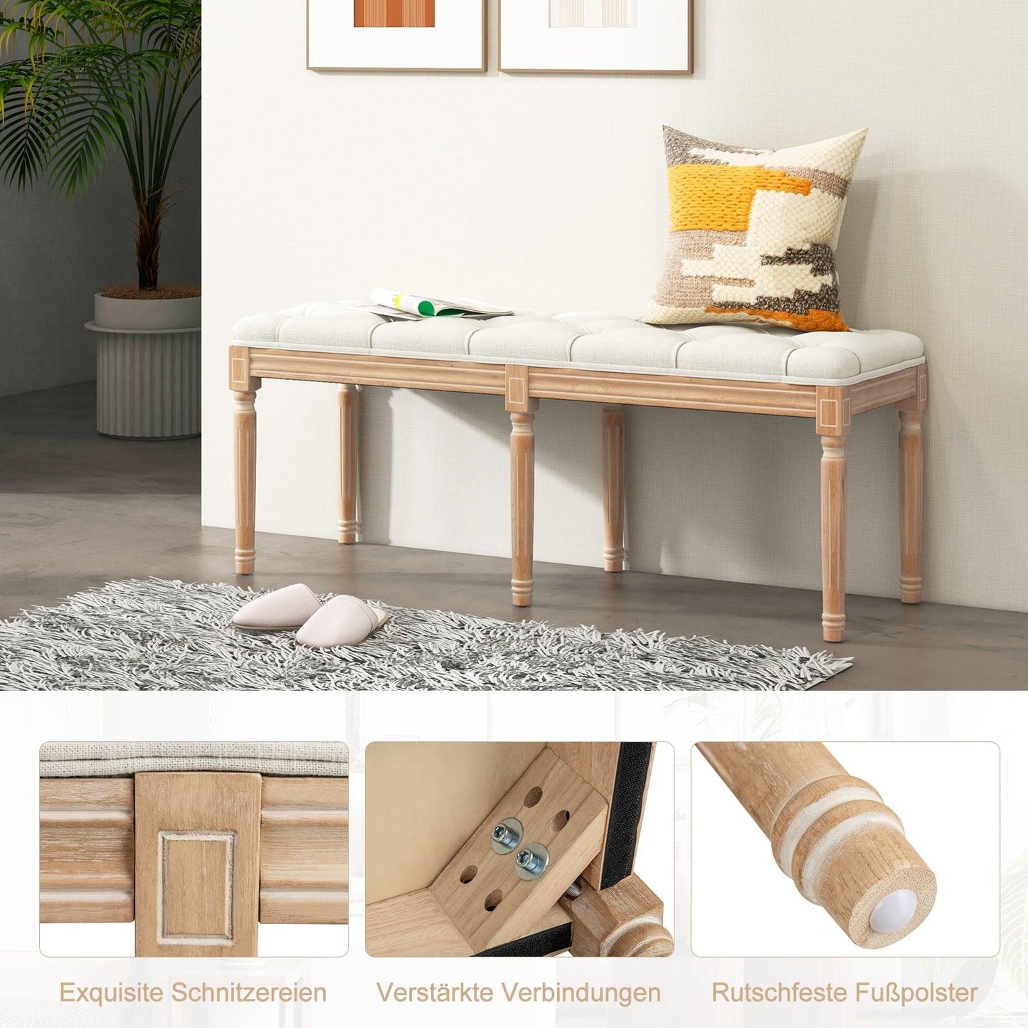 Vintage Upholstered Bench, 120cm, Rubberwood Legs, Beige