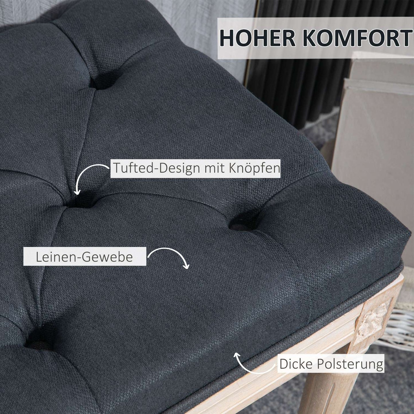 Dark gray upholstered bench - 80x40x43 cm, linen, 120 kg capacity