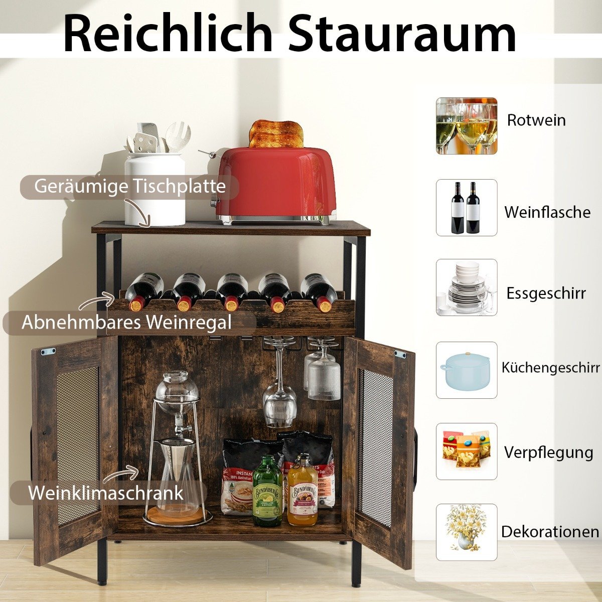 Vintage Wine Cabinet with Removable Wine Rack & Integrated Glass Holders Rustic Brown
