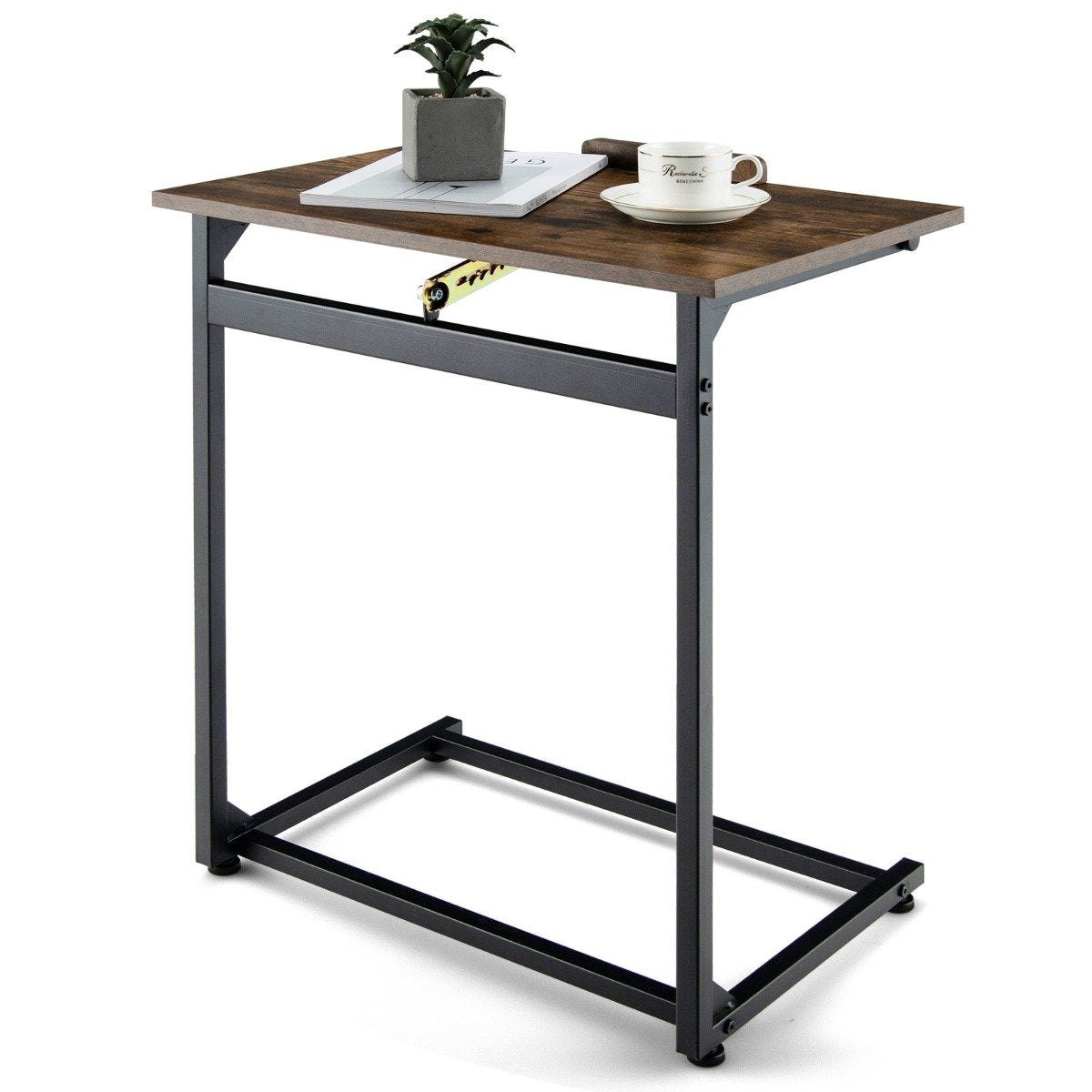 Vintage laptop table with adjustable table top & stopper C-shaped side table 57 x 37 x 67.5cm brown