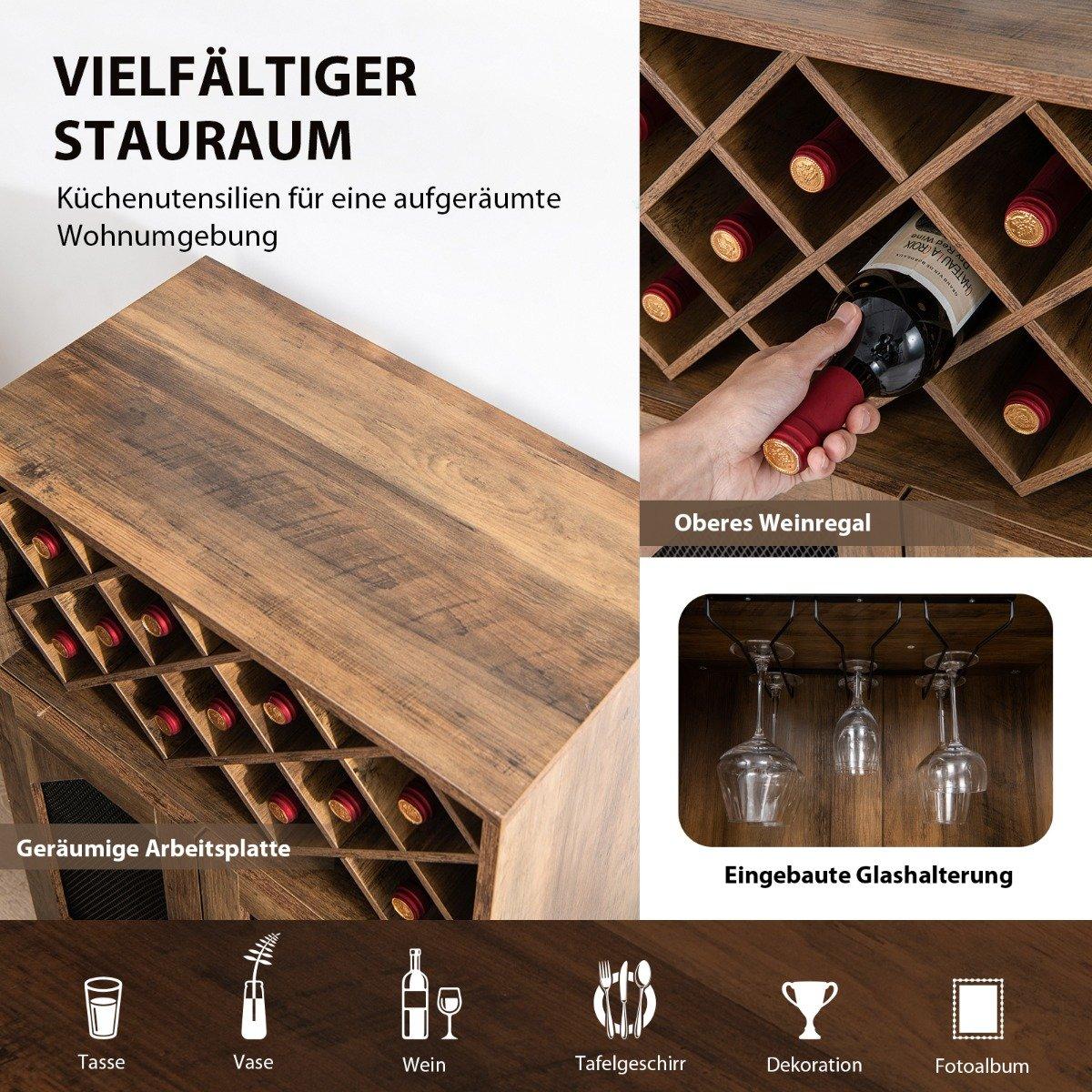 Vintage wine cabinet with removable wine rack, bar cabinet for 11 wine bottles and 9 wine glasses, brown